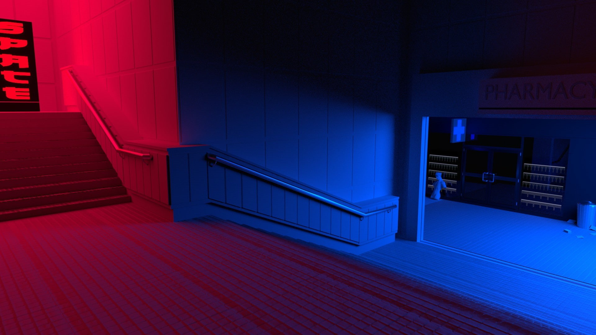 blue, vaporwave, stairs, red, 1080P, HD Wallpaper