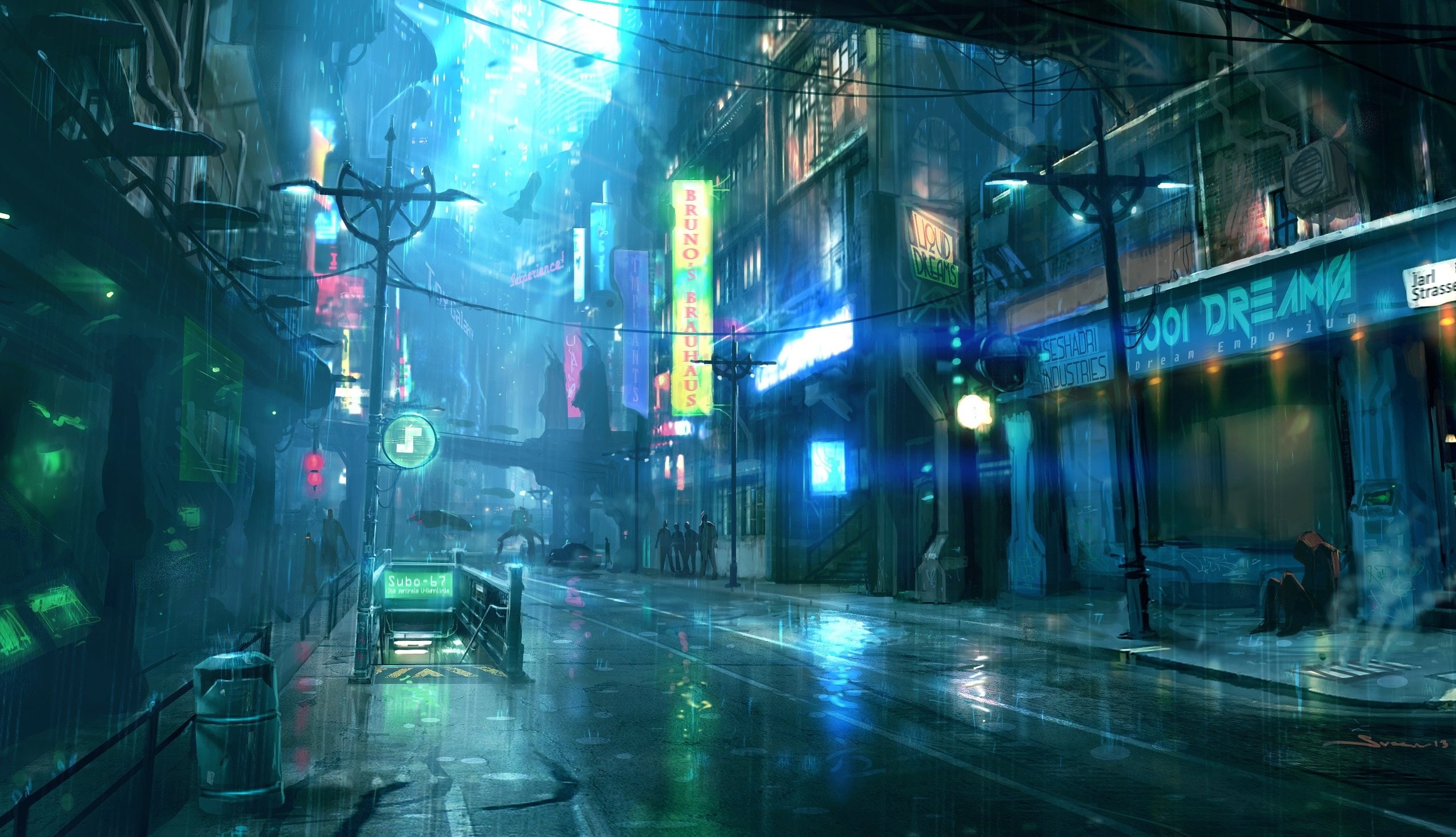 people, street, futuristic, sci-fi, city, cyberpunk, raining, lights, 1080P, Fantasy, HD Wallpaper