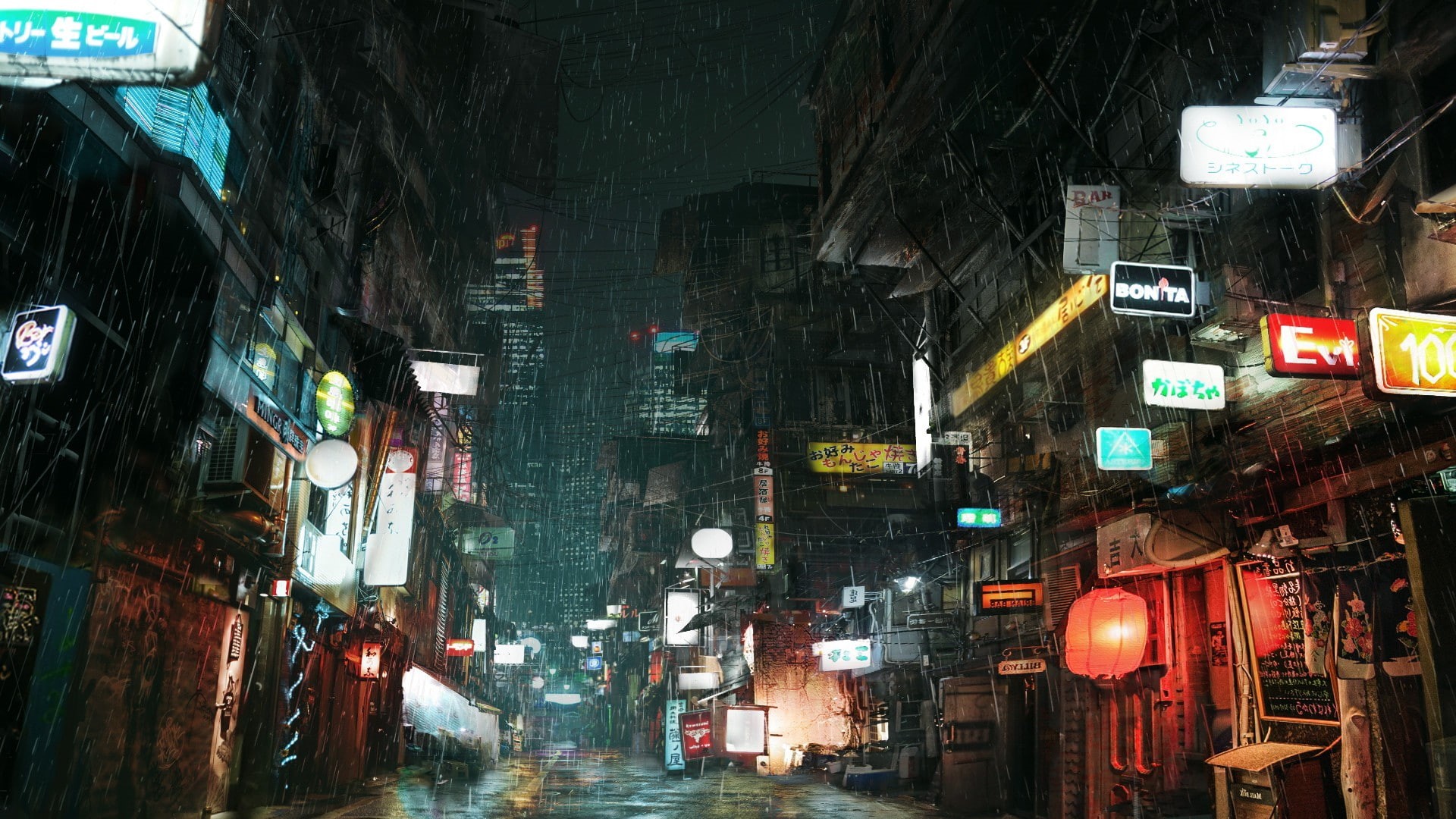 cyberpunk, 1080P, street, lights, city, advertisements, rain, HD Wallpaper