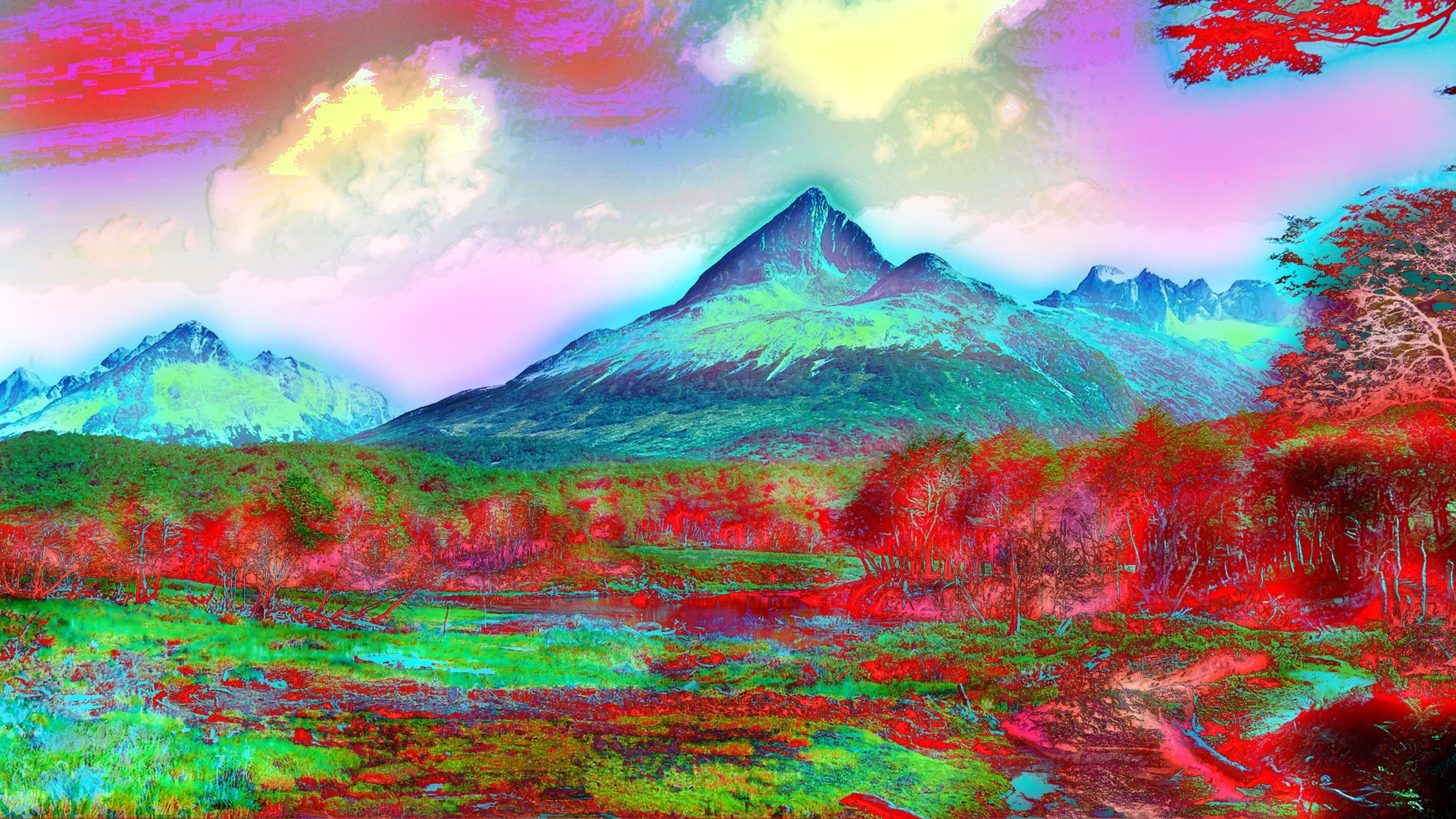 digital composite, green, environment, abstract, LSD, day, scenics - nature, multi colored, painting, travel, bright, red, 2K, sky, mountain, water, travel destinations, HD Wallpaper