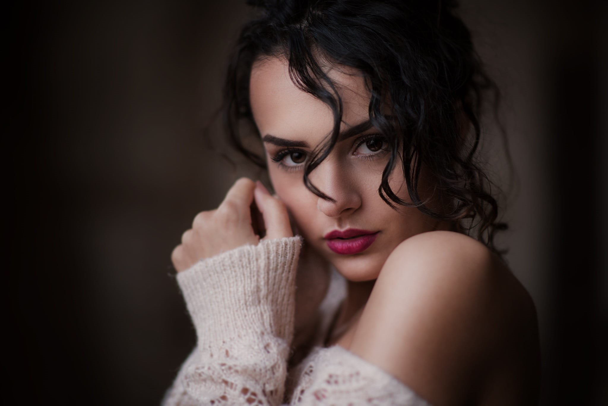 clothing, brown hair, beauty, black hair, adult, depression - sadness, headshot, looking at camera, shoulder, women, woman, 1080P, indoors, hand, Mark Prinz, HD Wallpaper
