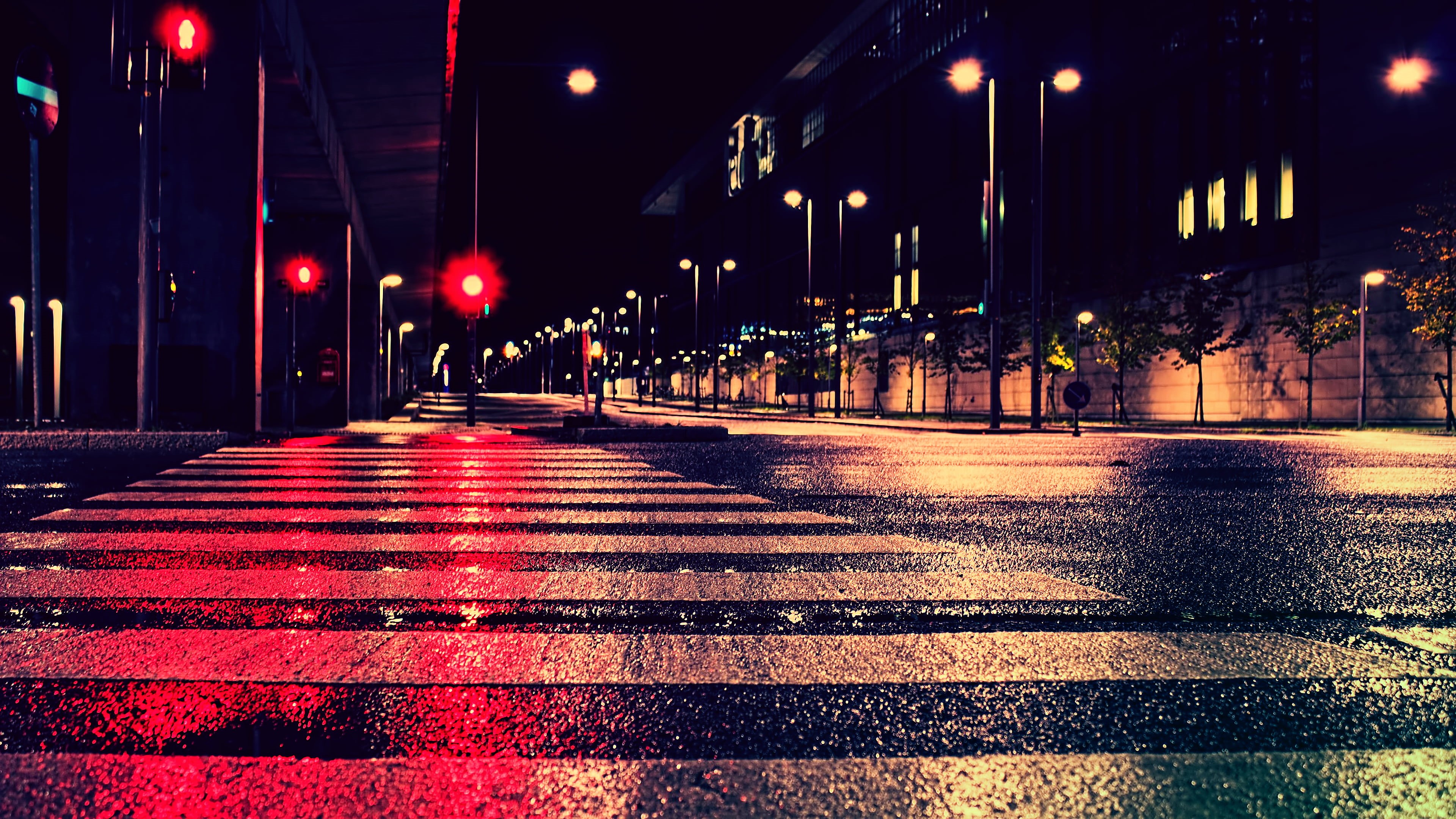 symbol, transportation, road, direction, lane, street light, rain, built structure, outdoors, night, pedestrian, city street, city life, city, building exterior, HD Wallpaper