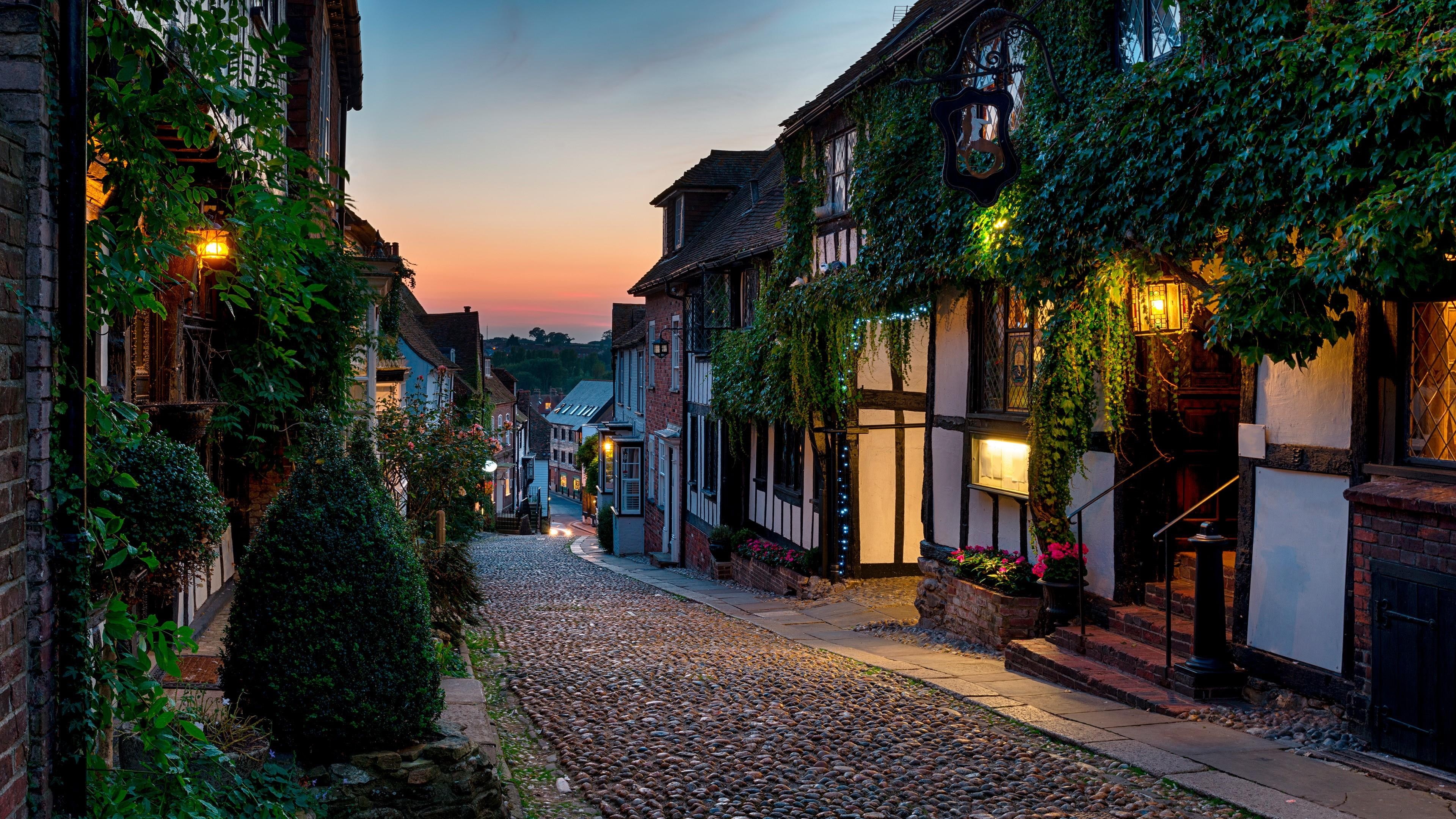 england, rye, mermaid st, 4K, road, houses, east sussex, gb, eu, evening, cobbles, dusk, cobblestone, mermaid street, united kingdom, sussex, europe, street view, HD Wallpaper