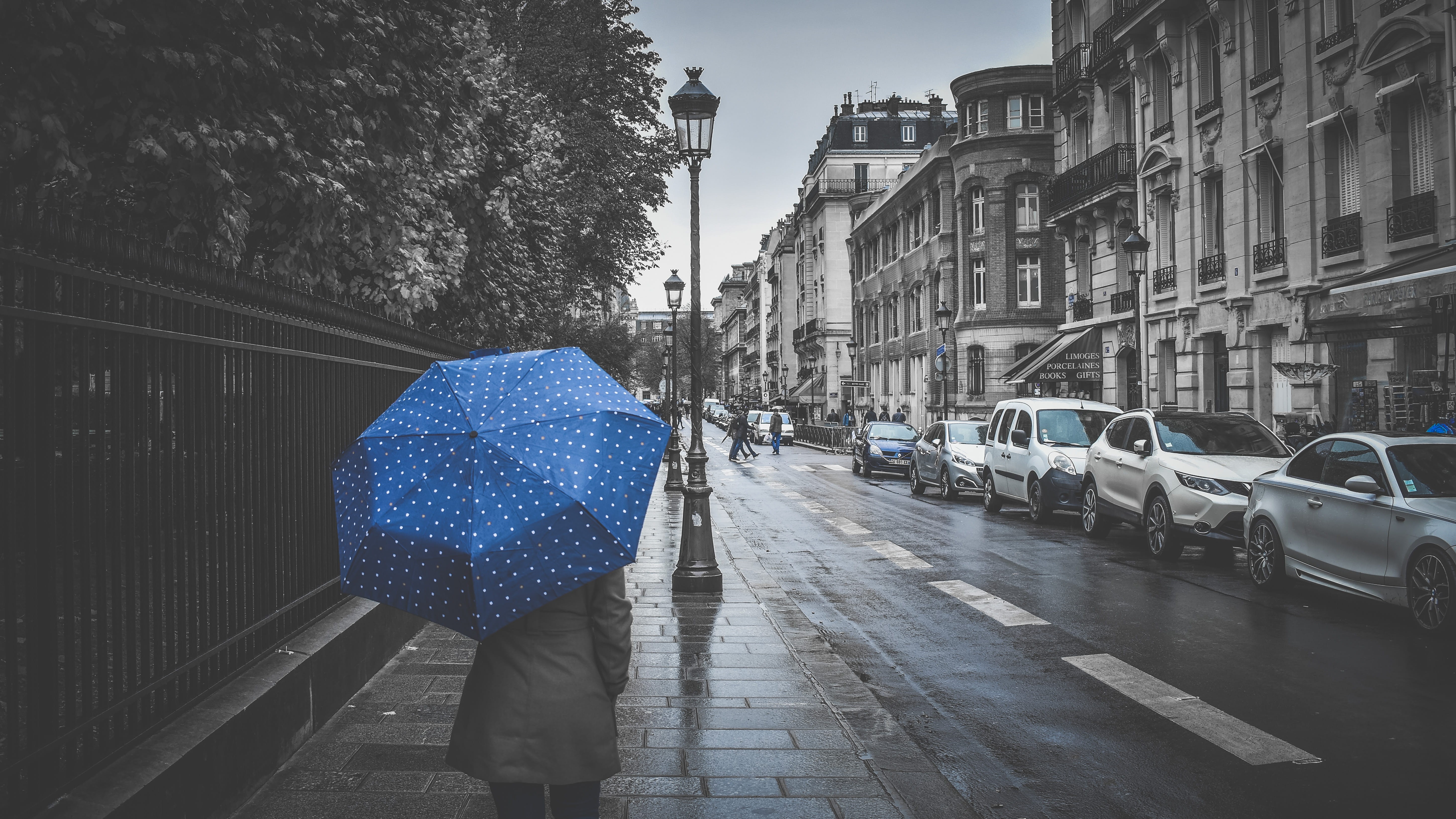 wet, transportation, street, city street, built structure, real people, motor vehicle, building exterior, city, rainy season, outdoors, paris, one person, HD Wallpaper