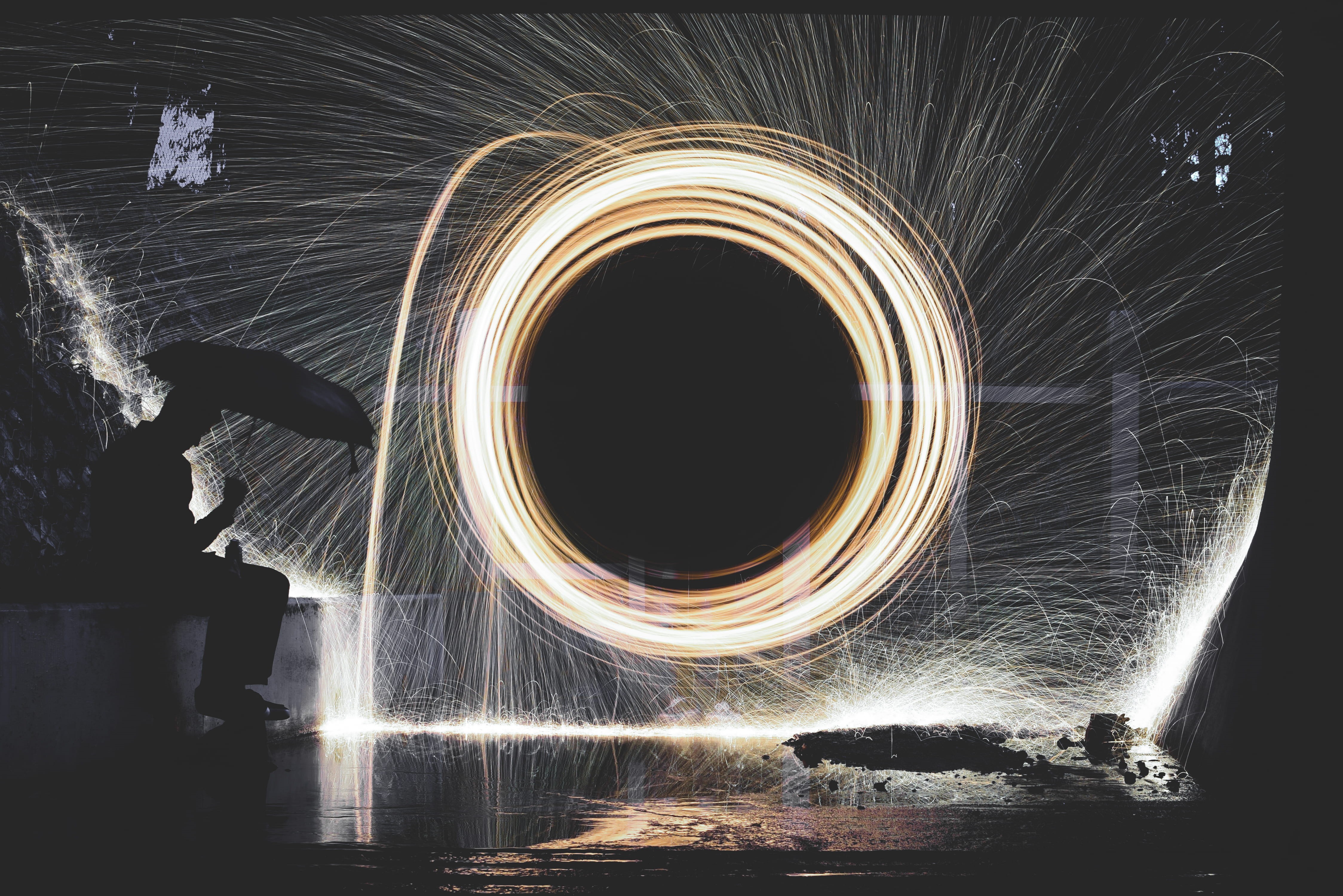 photography, rain, fun, nighttime, swirl, spark, digital composite, long exposure, night, person, lightning, firework, water, light, tunnel, holding, fire, HD Wallpaper