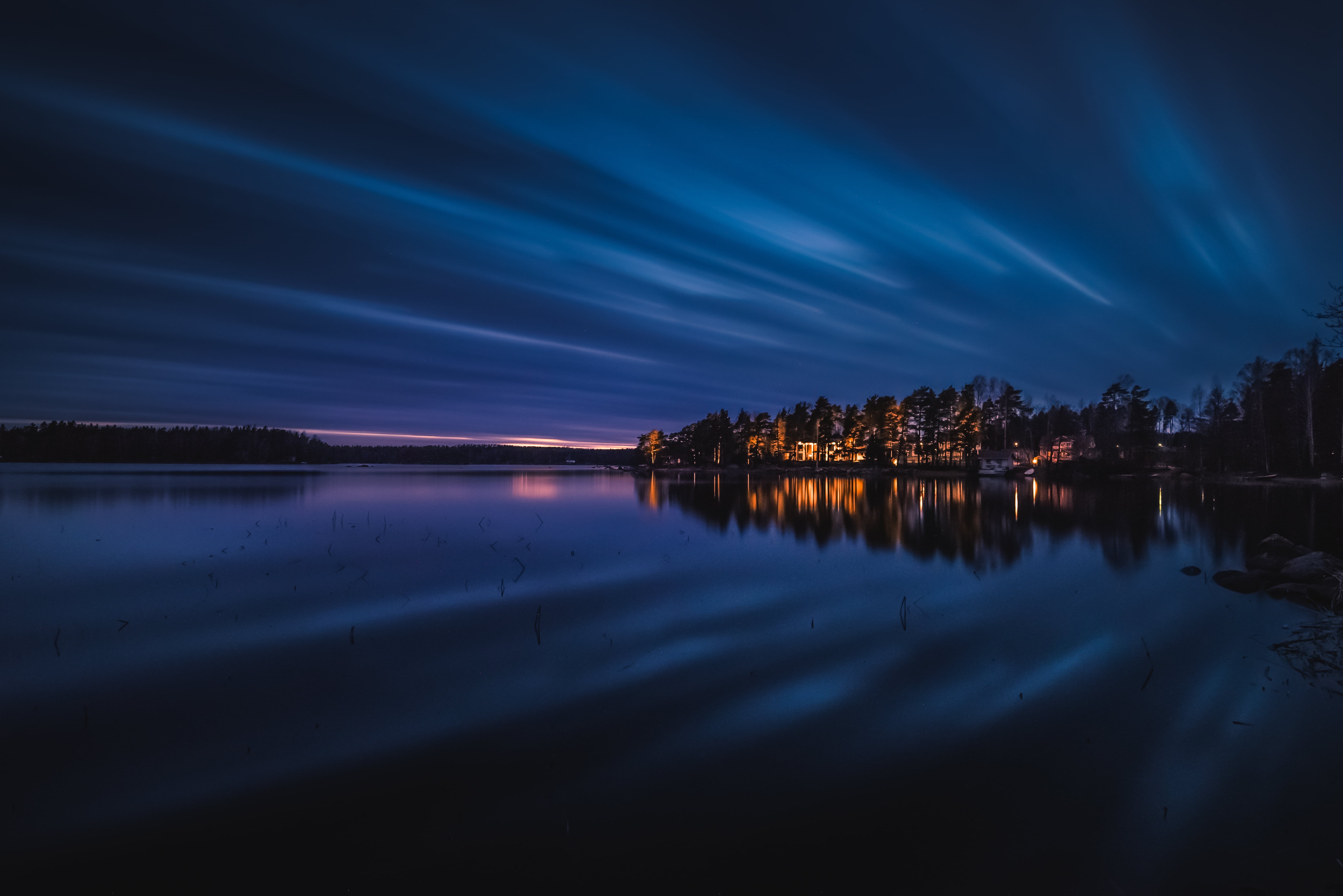 clouds, body, reflection, beside, lighted, nikon  d600, blue, lake, photography, water, 5K, night, LE, nature, sunset, landscape photography, sky, evening, HD Wallpaper