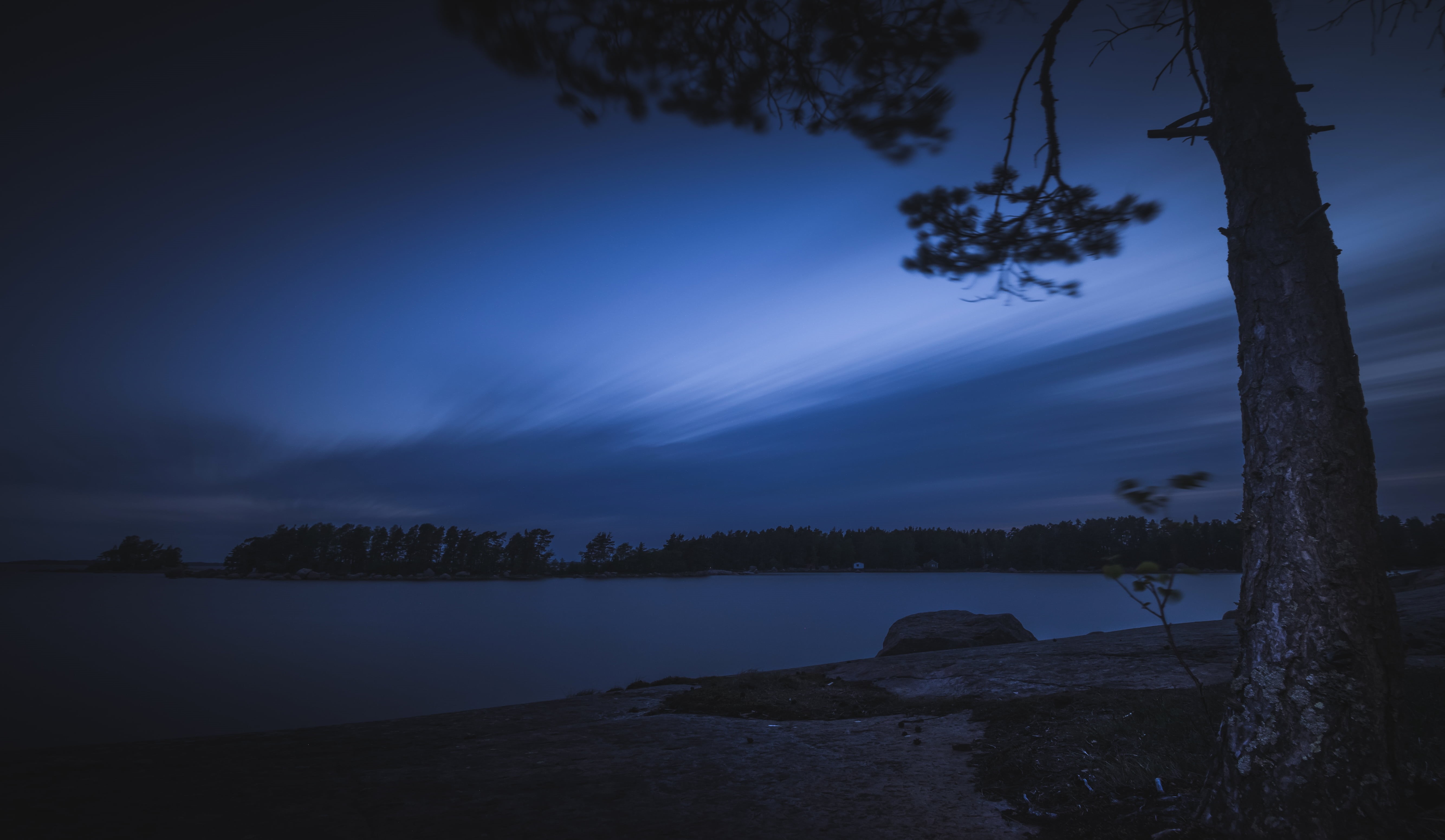 nighttime, gray, landscape, body, night, 35mm, tree, nikkor, water, body of water, nature, sky, Evening, black, sunset, nikon  d600, 5K, clouds, HD Wallpaper