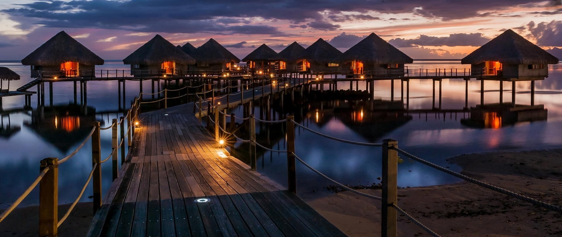 nautical vessel, bungalow, architecture, lights, table, built structure, nature, building, cloud - sky, sky, house, water, transportation, clouds, French Polynesia, HD Wallpaper