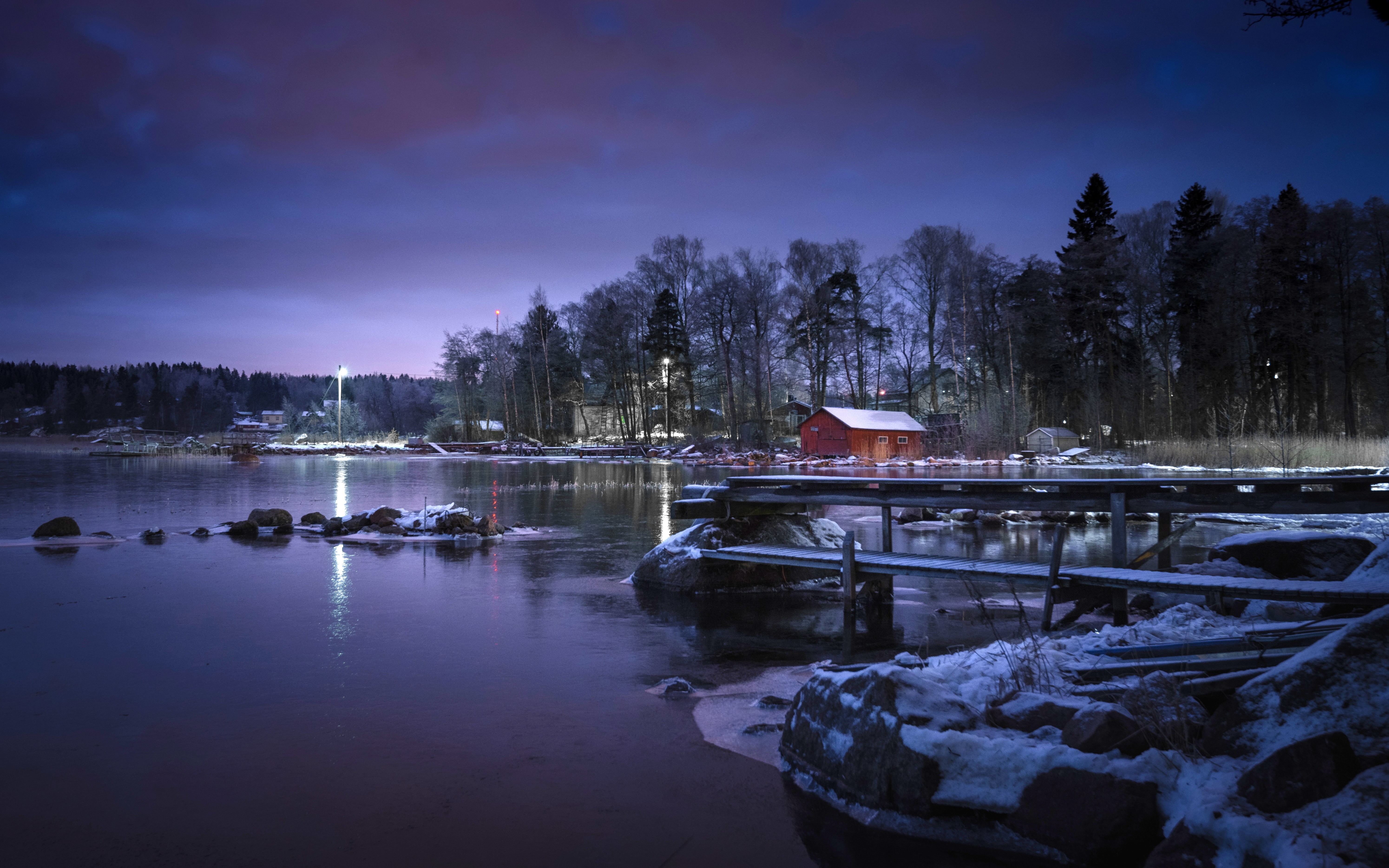 garden shed, garden, forest, water, wooden, near, reflection, body of water, finland, night, outdoor, winter, outdoors, kotka, evening, landscape, tree, HD Wallpaper