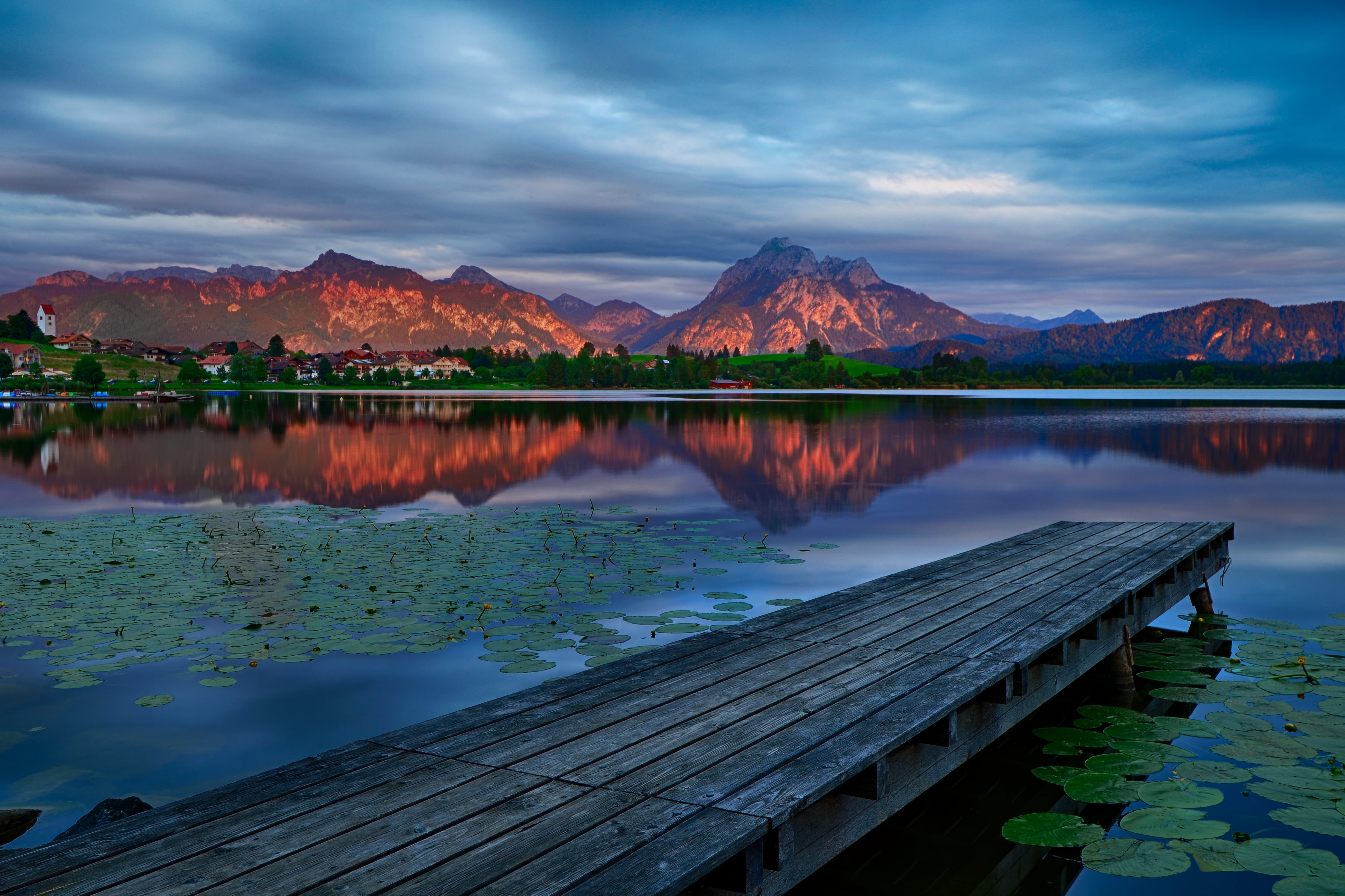hdr, landscape, mountain, brown, gray, Spiegel, scenics, dock, eine, Bühne, Natur, wood - Material, water, travel, sunset, alps, Nikon, Hopfensee, Wolken, HD Wallpaper