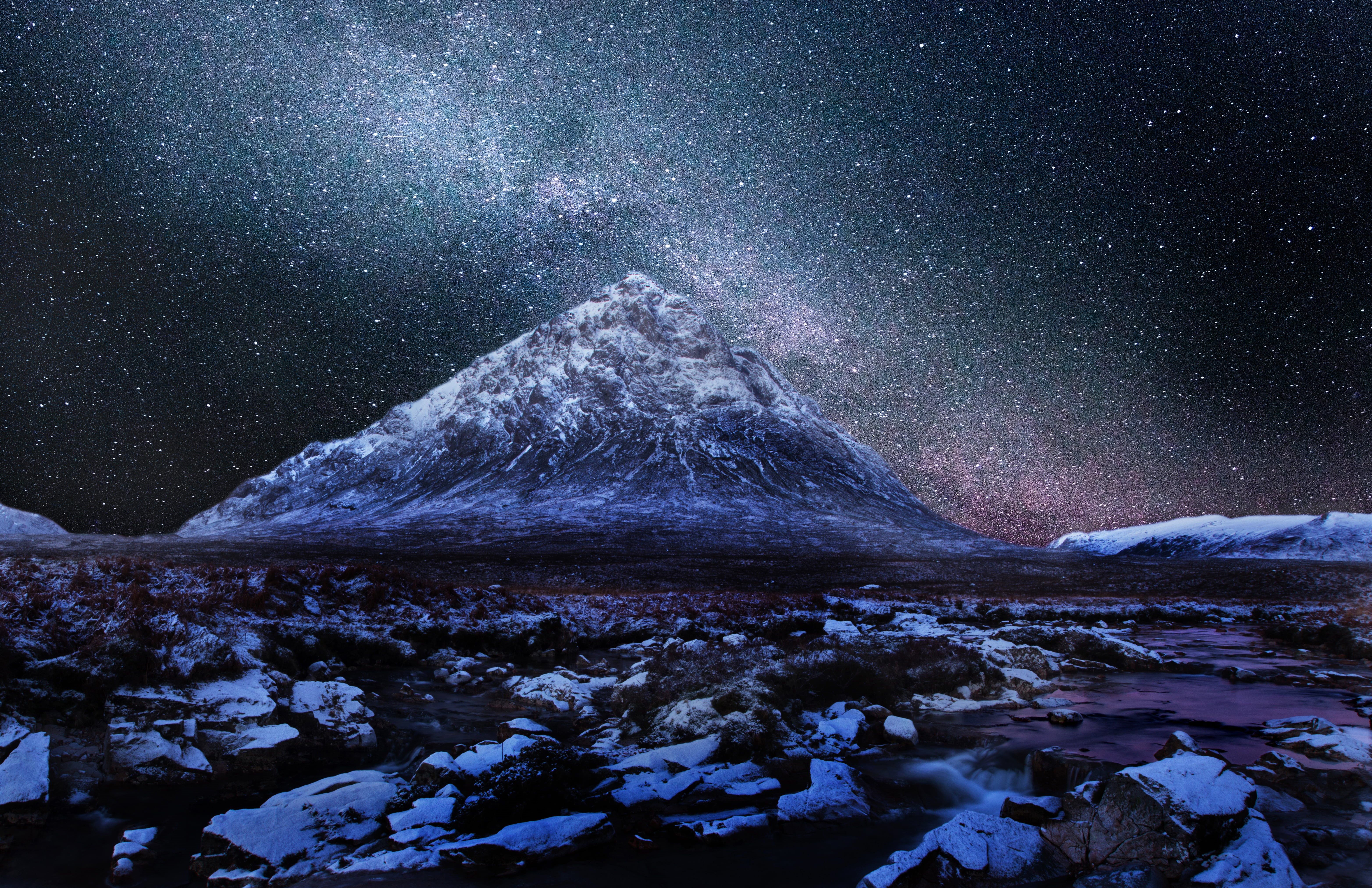 mountain, winter, Scotland, night time, photo, dark, covered, Milky Way, galaxy, landscape, night, astrophotography, snow, star - Space, Buachaille Etive Mor, HD Wallpaper