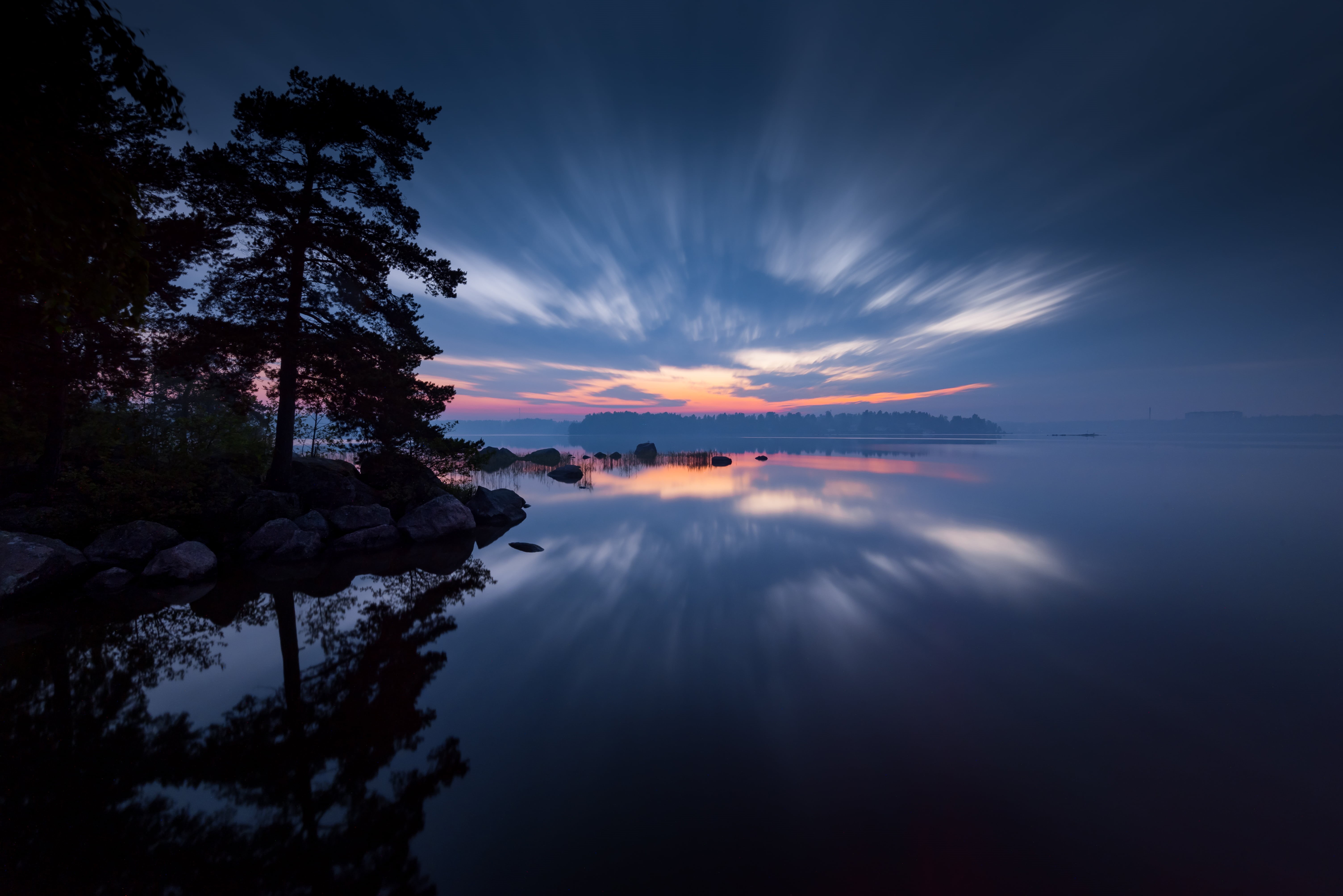 beauty In Nature, dusk, black and gray, reflection, silhouette, skies, tranquil Scene, sunset, water, 5K, finland, blue, lake, Dawn, nikon  d600, black, HD Wallpaper