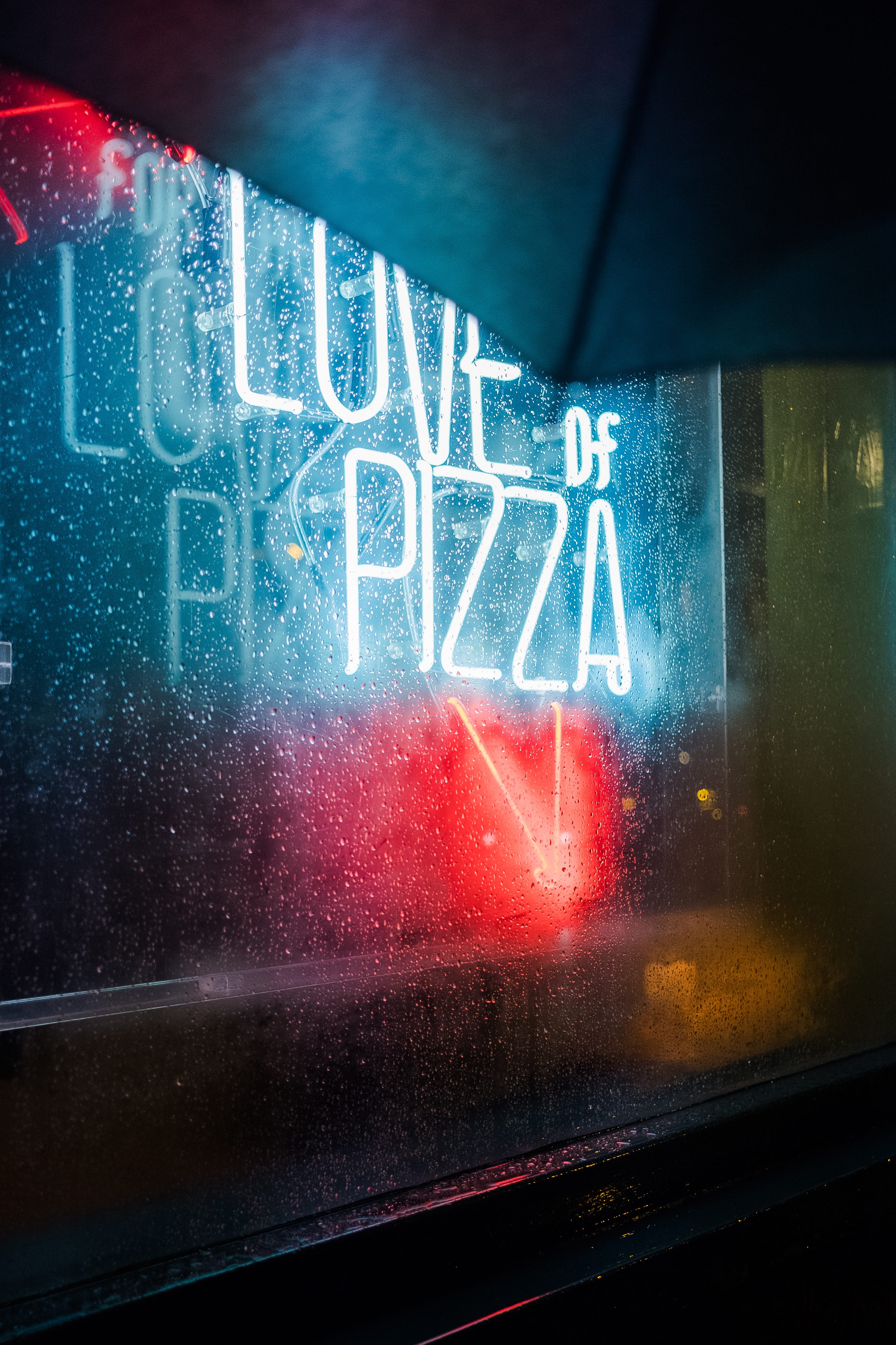 gritty, no people, mode of transportation, rain, closeup, blue, illuminated, western script, moody, red, car, love, shadow, bokeh, umbrella, street, photo, Phone HD Wallpaper