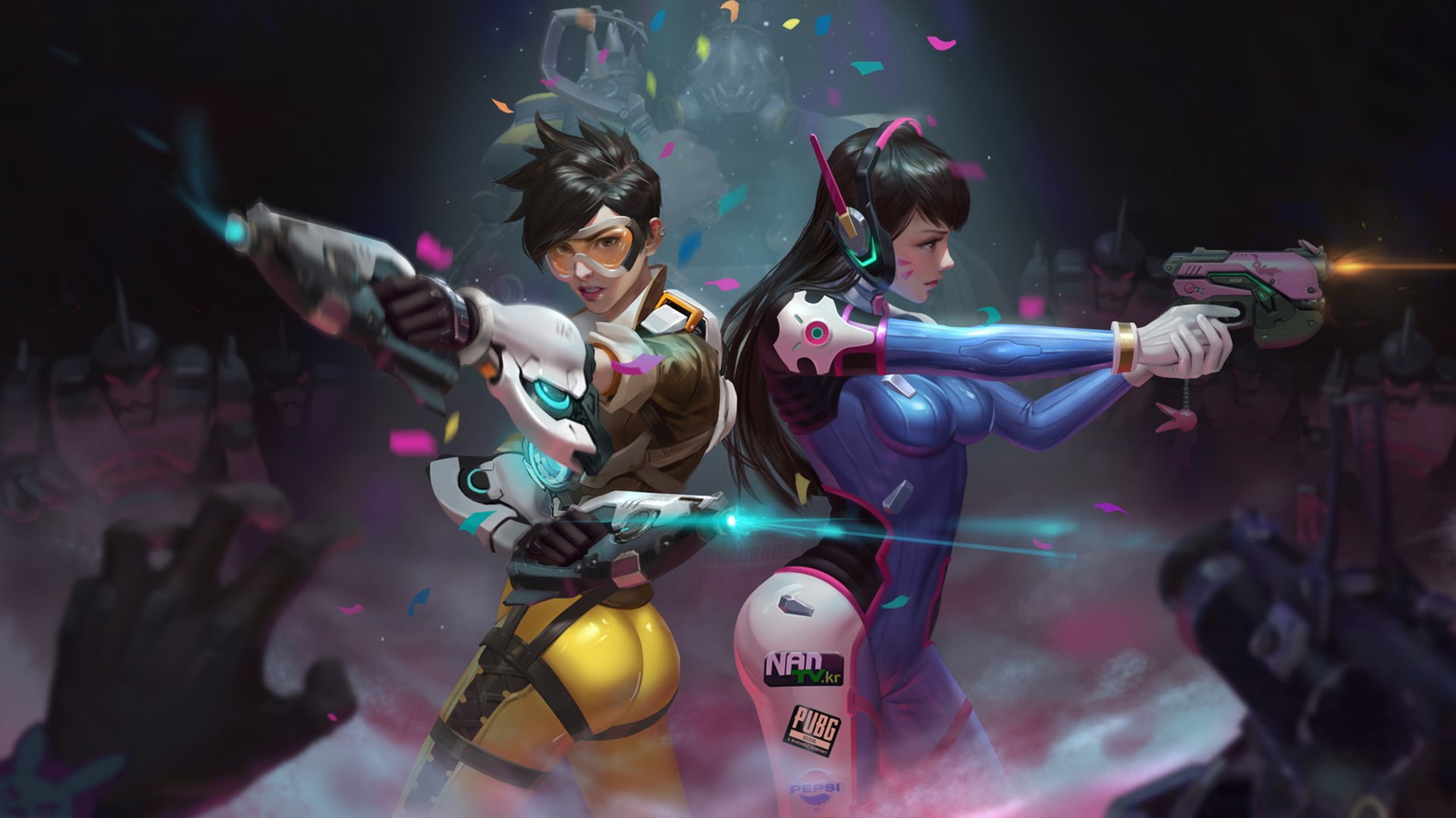 Dva, night, women, celebration, arms raised, young adult, real people, adult, creativity, Tracer, 1080P, indoors, male likeness, three quarter length, HD Wallpaper