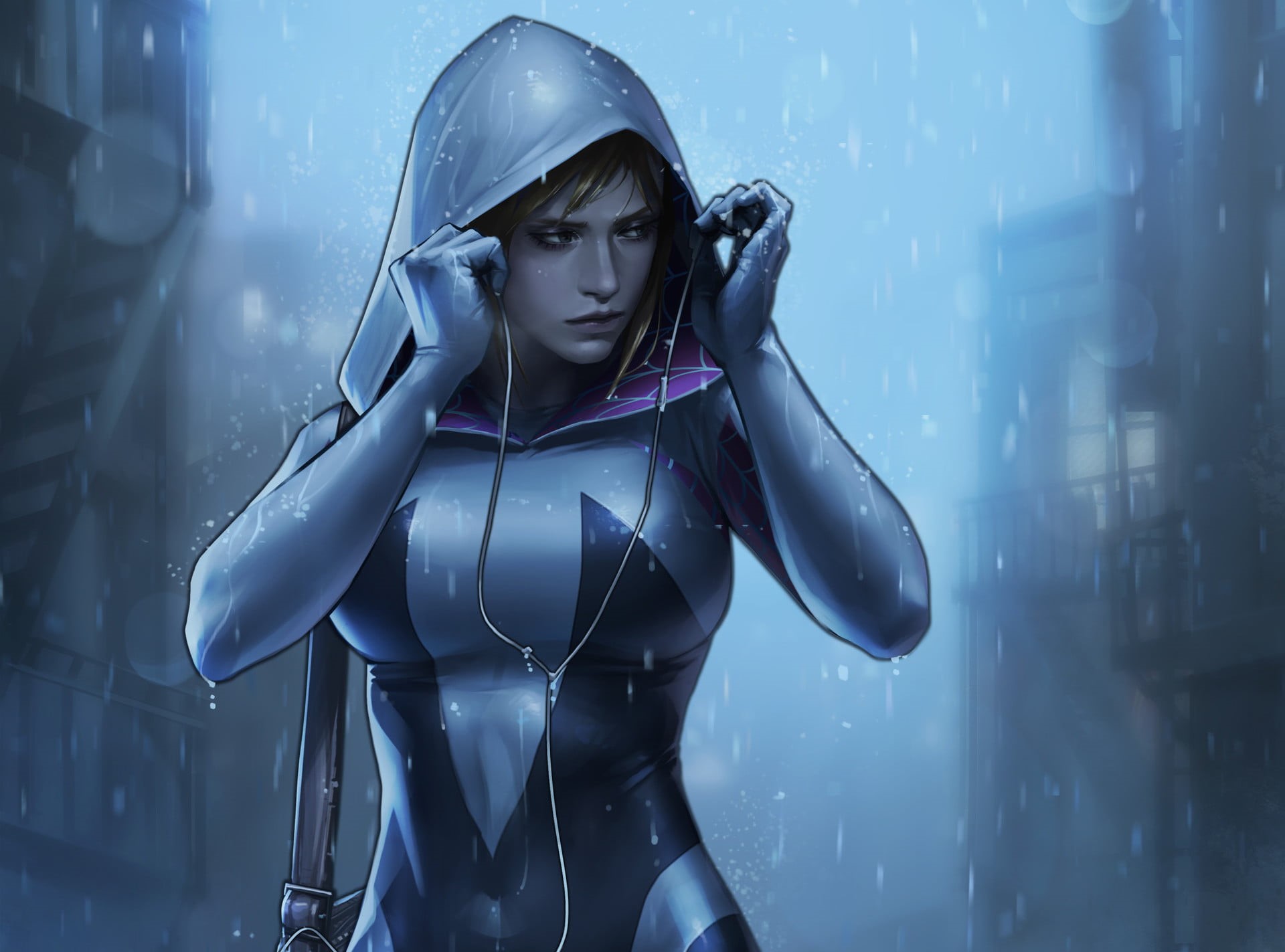 beautiful woman, indoors, Marvel Comics, fashion, lifestyles, young women, standing, raincoat, beauty, Gwen Stacy, three quarter length, hairstyle, backgrounds, HD Wallpaper