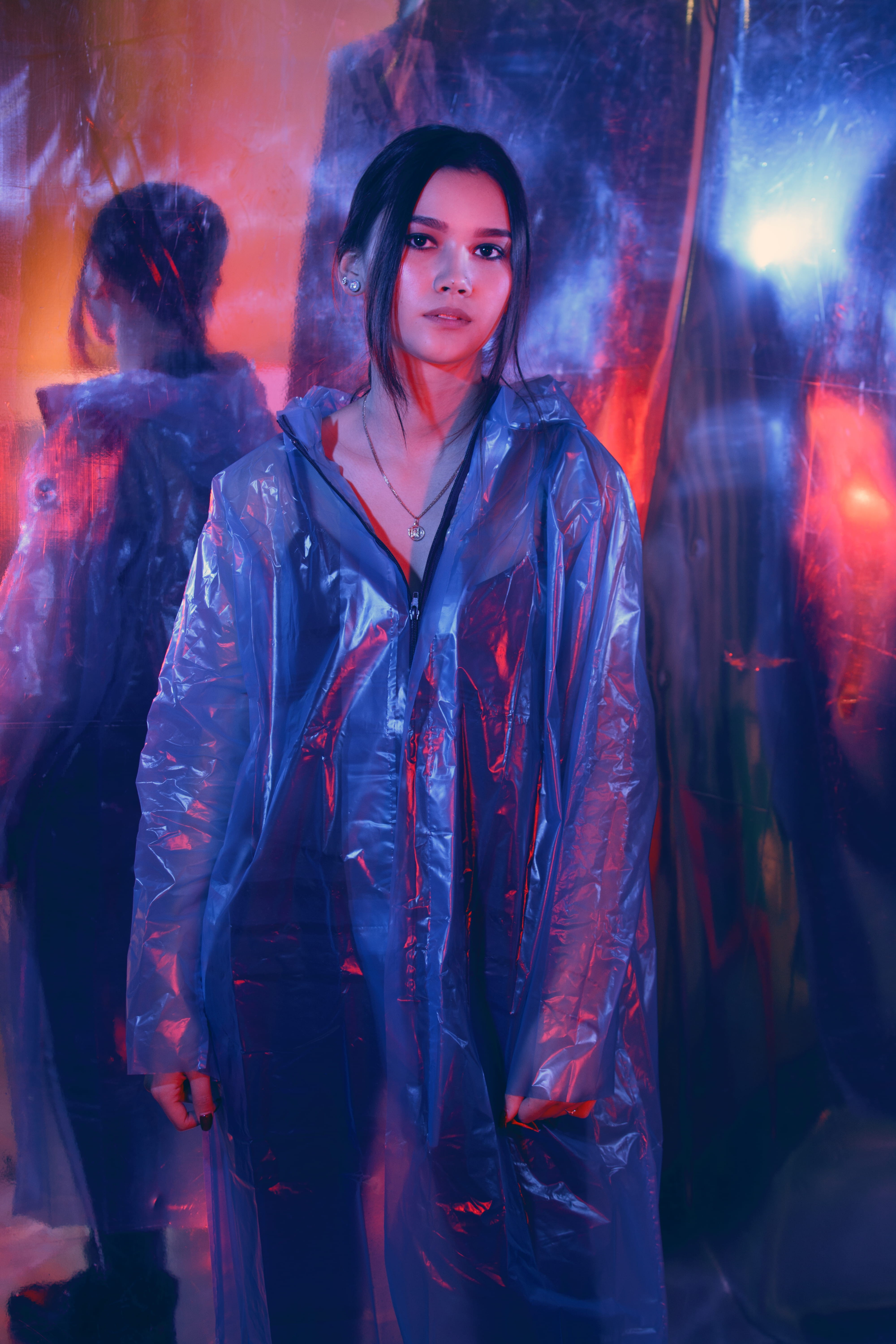 portrait, clothing, leather, leisure activity, 5K, wearing, young adult, raincoat, women, people, illuminated, young women, young men, standing, blue, Phone HD Wallpaper