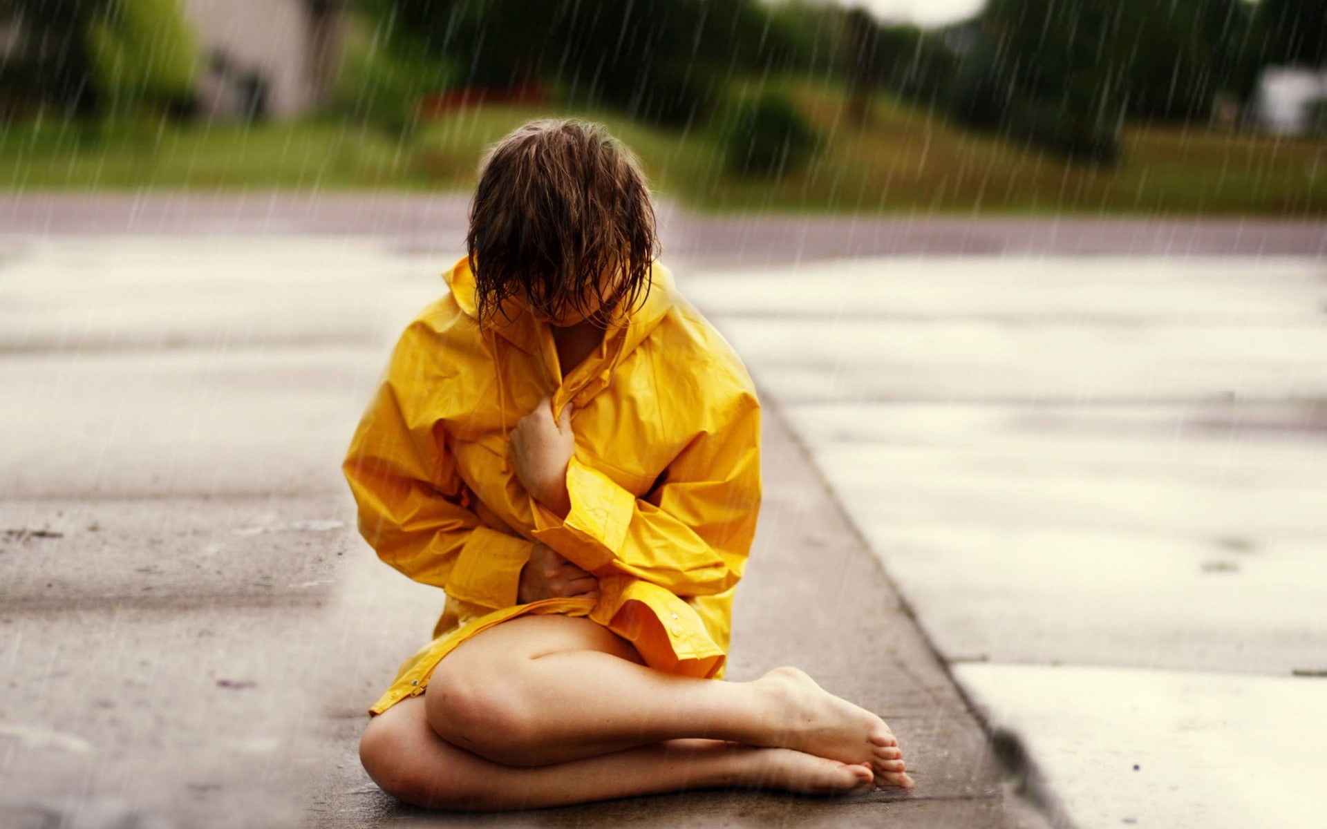 Girl, s, 1080P, raincoat, Rainy, Street, yellow, HD Wallpaper