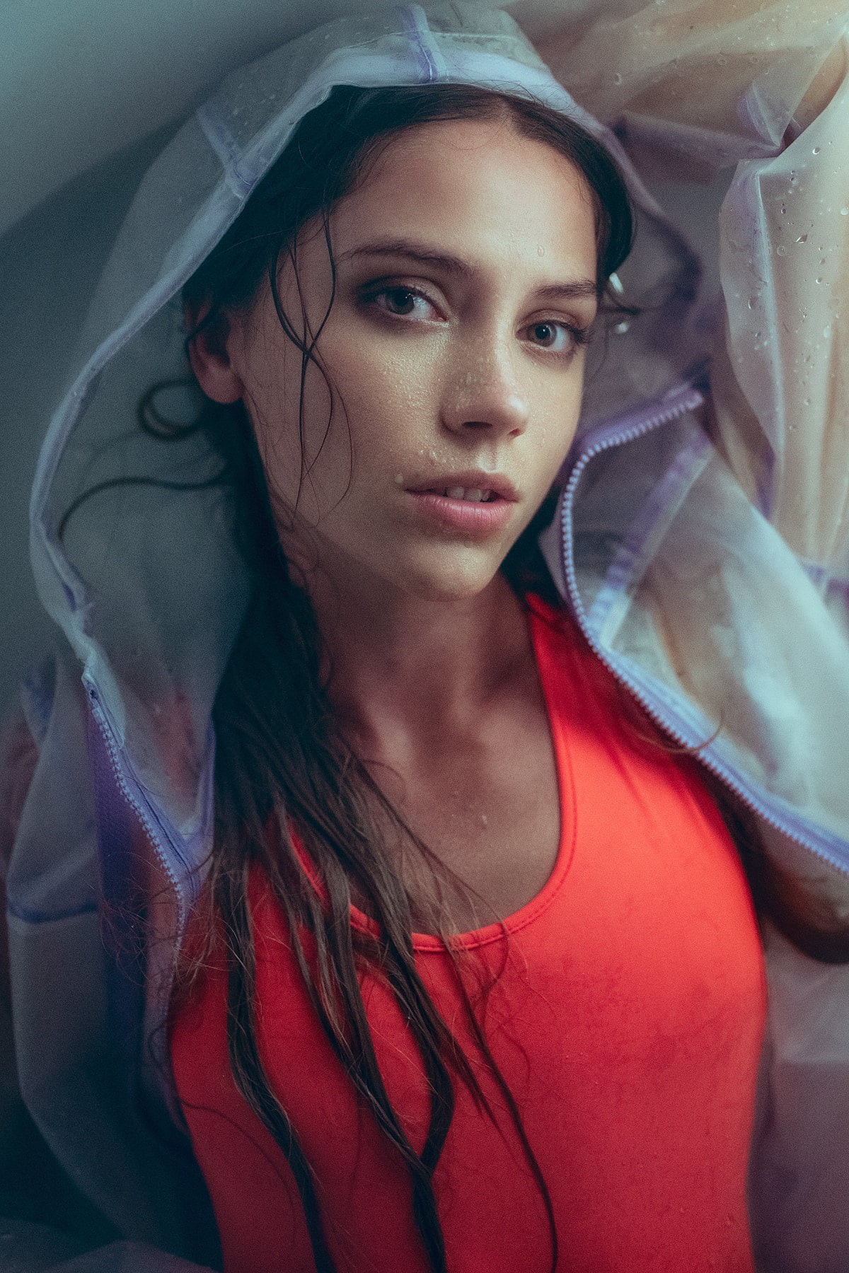 water drops, women, Ksenia Kokoreva, raincoat, looking at viewer, Yuriy Lyamin, wet hair, 720P, brunette, Phone HD Wallpaper