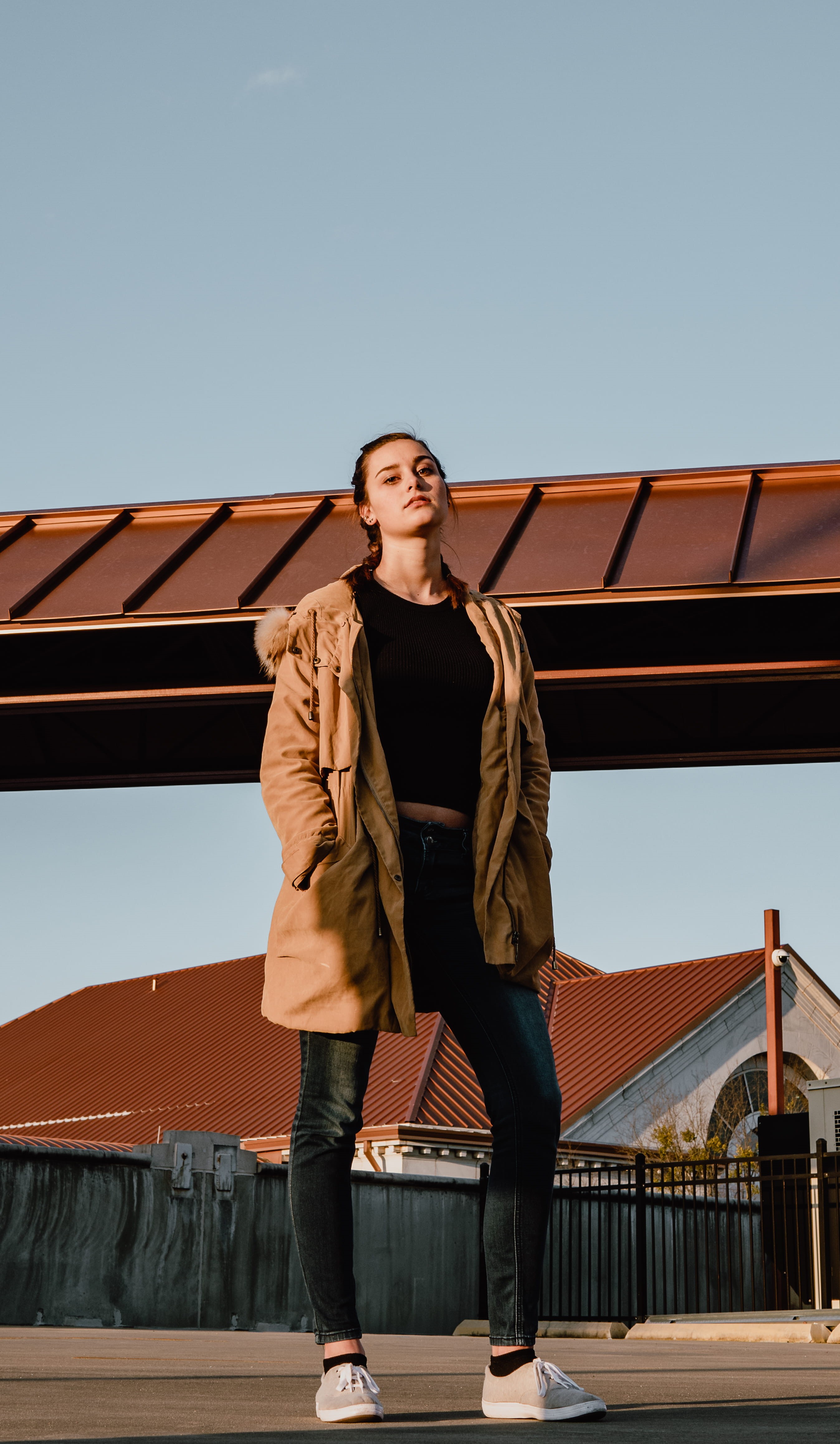 black, footwear, women, trench coat, standing, sky, day, lifestyles, daytime, overcoat, real people, road, person, young women, leisure activity, apparel, Phone HD Wallpaper
