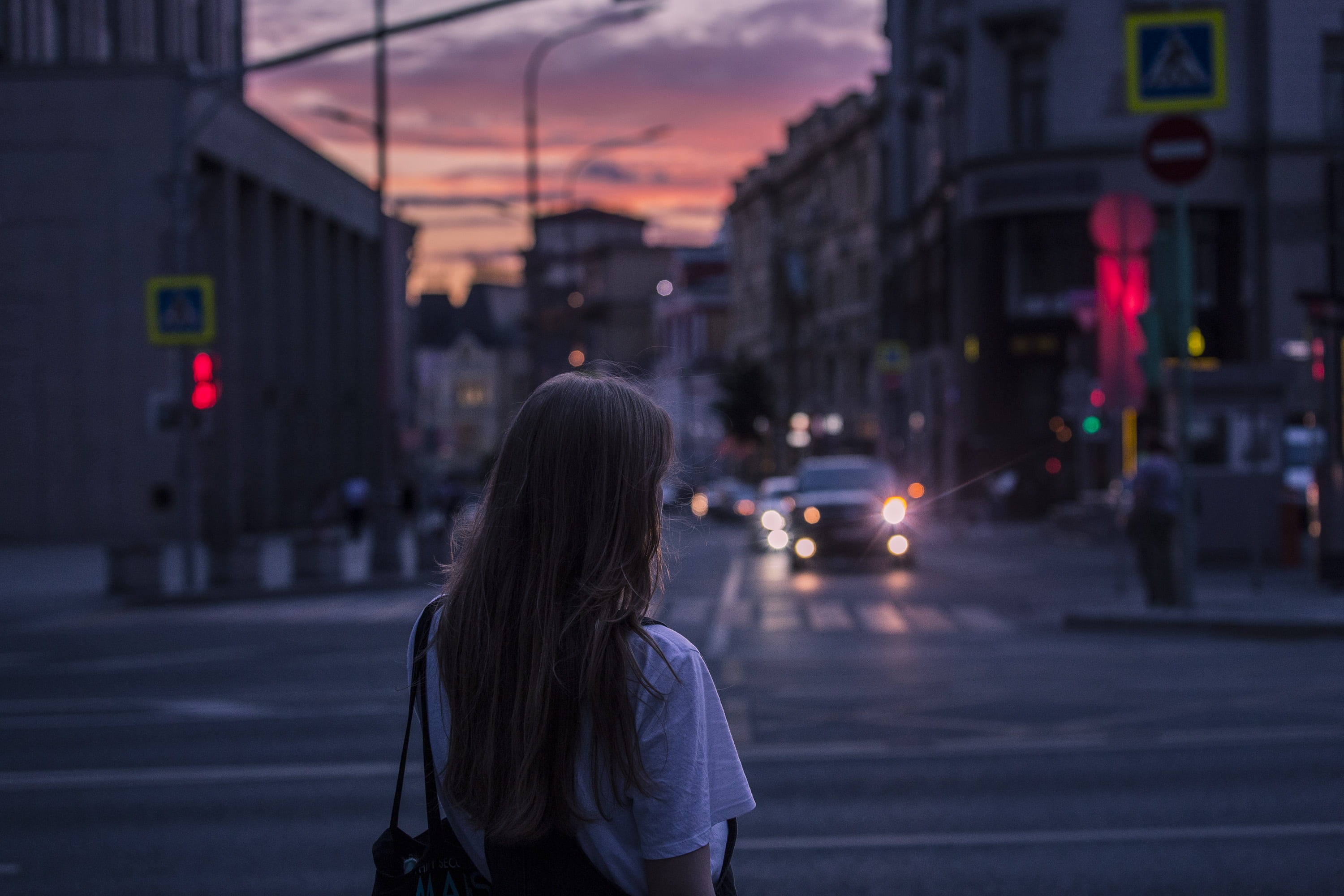 standing, hour, brunette, adult, rear view, night, hair, road, anonymous, sidewalk, one person, person, hairstyle, girl, lifestyles, building exterior, HD Wallpaper
