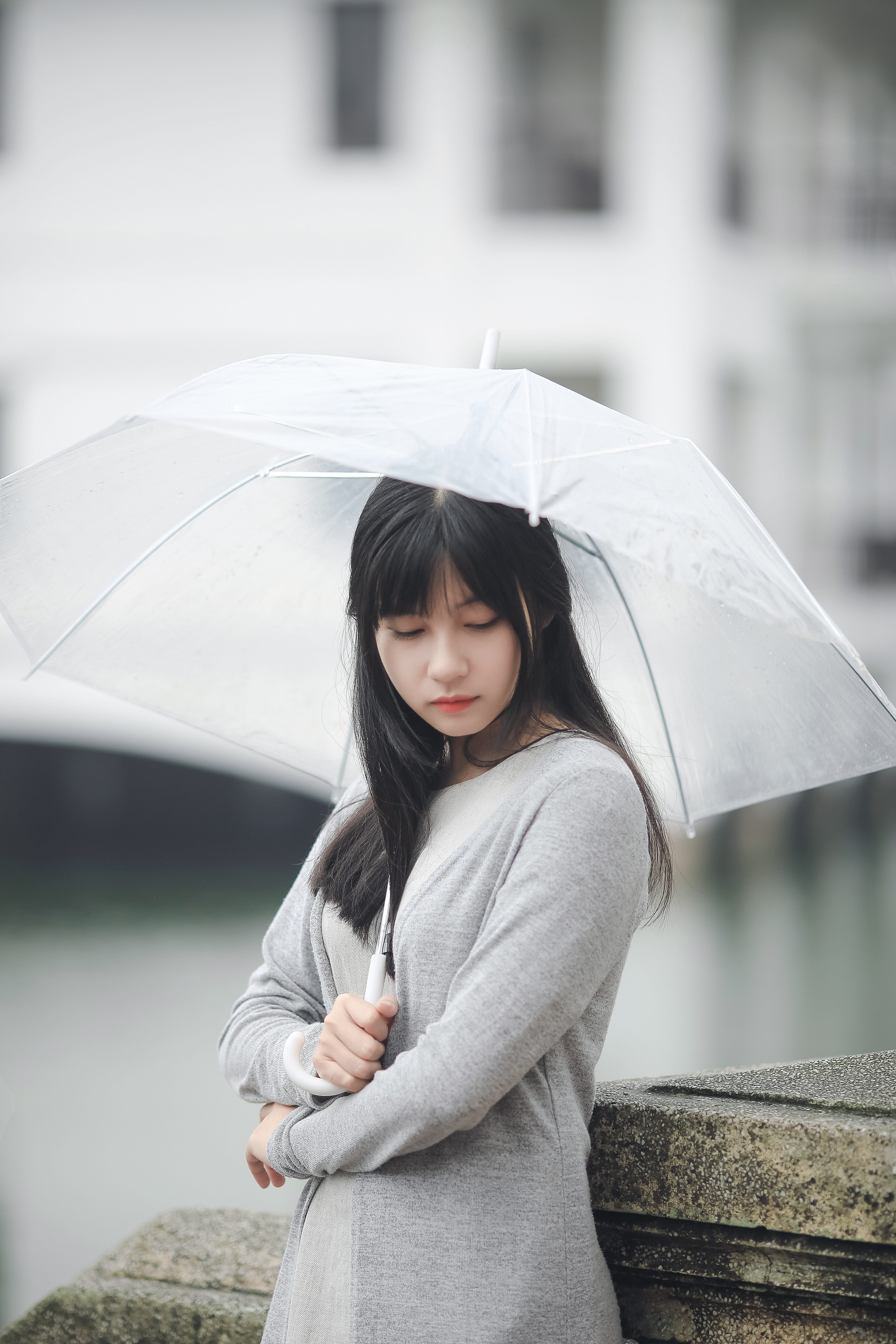 5K, girl, standing, pretty, rain, lady, female, front view, street, women, looking, water, young women, casual clothing, young adult, umbrella, warm clothing, Phone HD Wallpaper