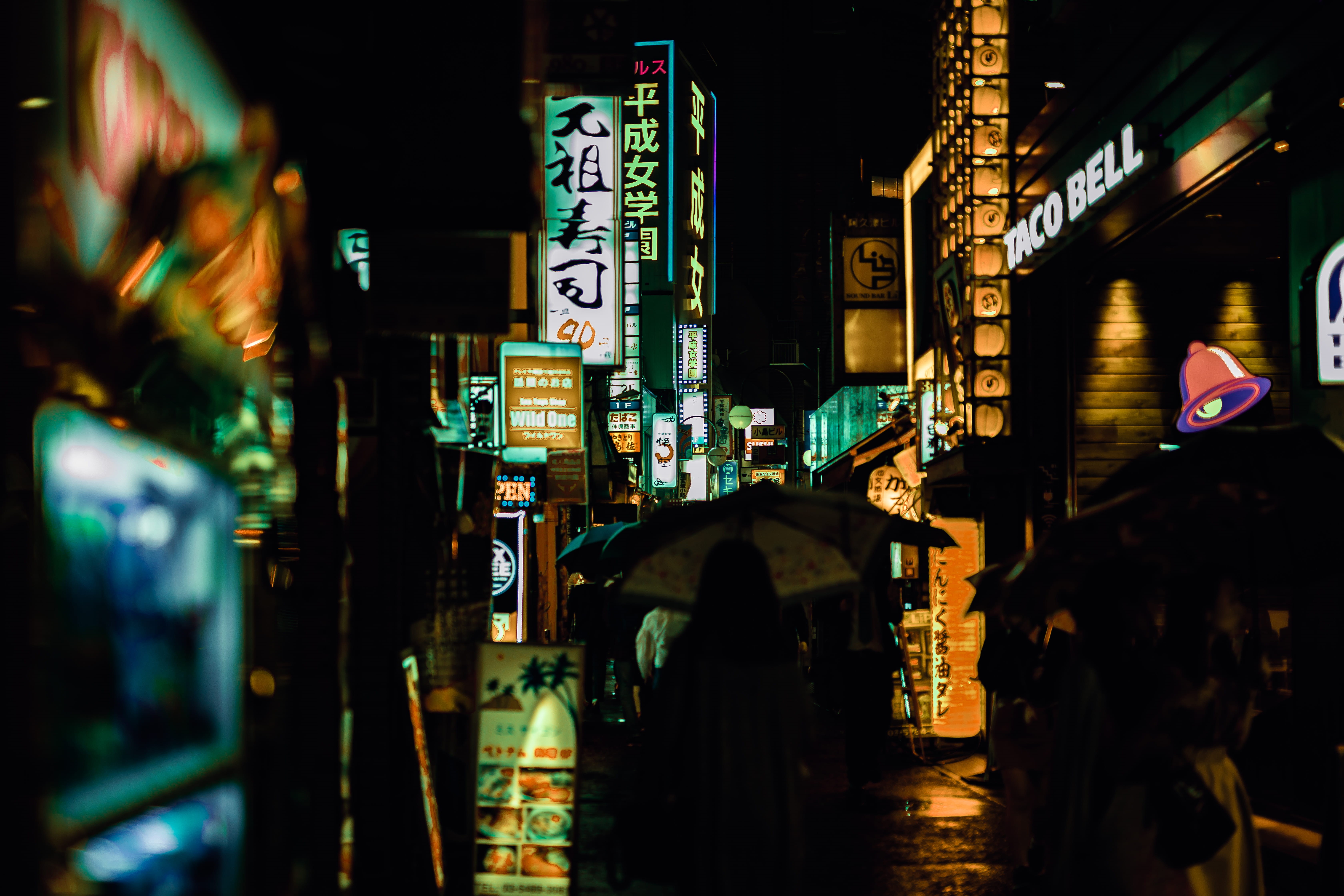 reflections, advertisement, blur, restaurant, neon sign, night time, weather, japan, tourists, dark, illuminated, fast food, street, people, light, travel, HD Wallpaper
