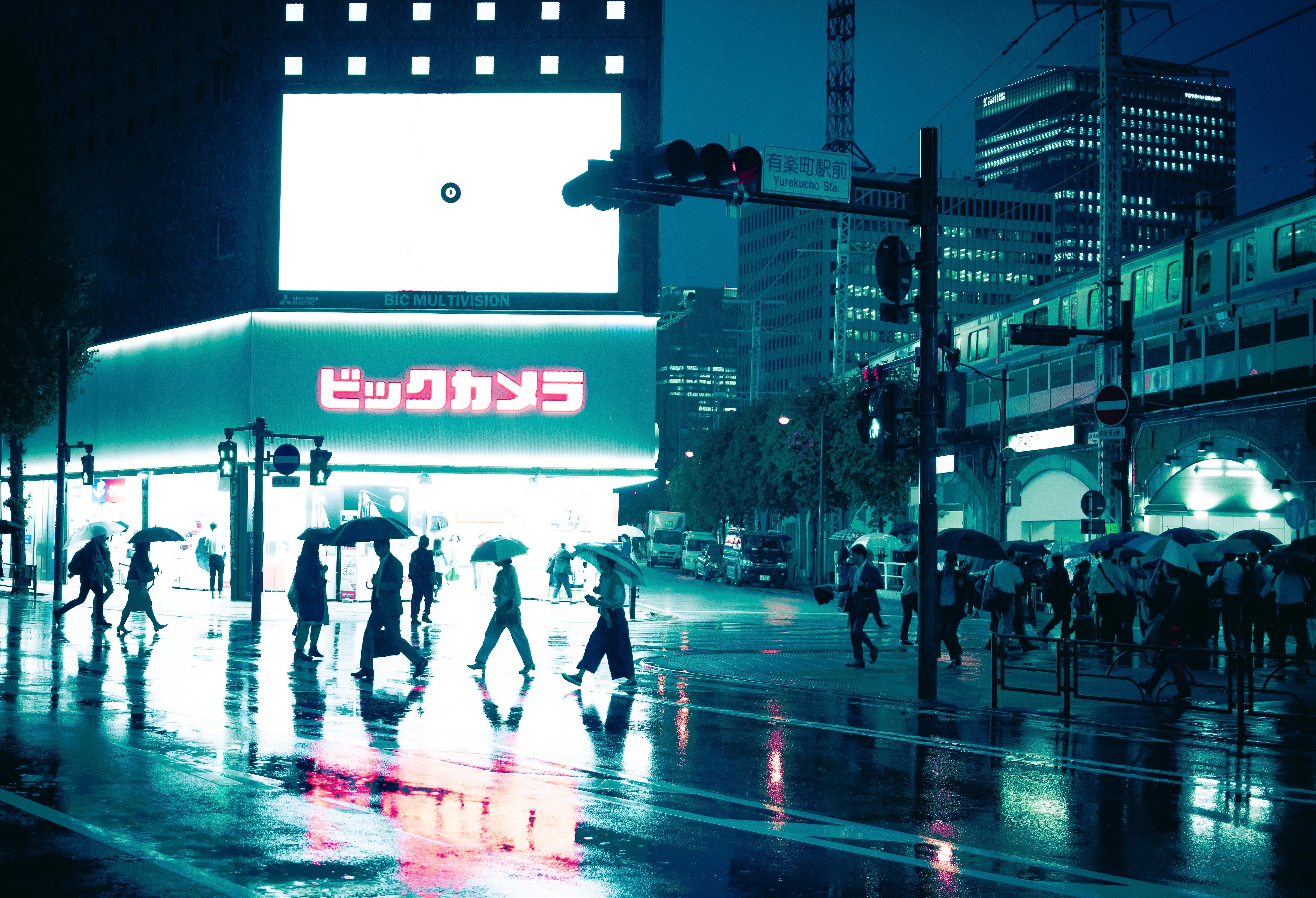 rush Hour, rain, street, city Life, tourist, buildings, rise, crowd, group Of People, umbrella, neon, men, commuter, people, train, walking, near, built Structure, HD Wallpaper