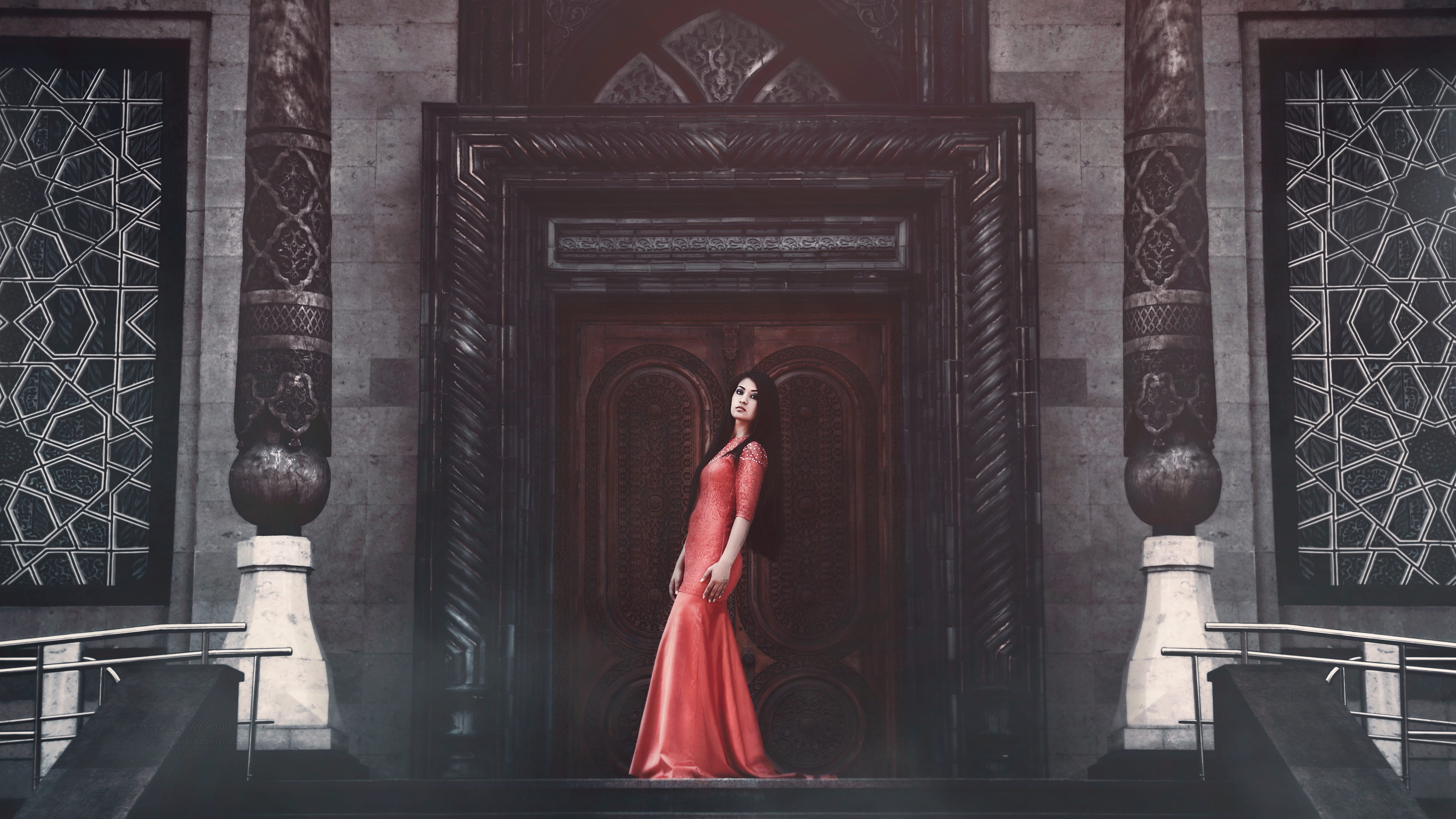 girls, uzbekistan, 5K, portrait, style, building exterior, people, architecture, girl in red dress, graphics, front, monument, belief, beauty, photoshoot, HD Wallpaper