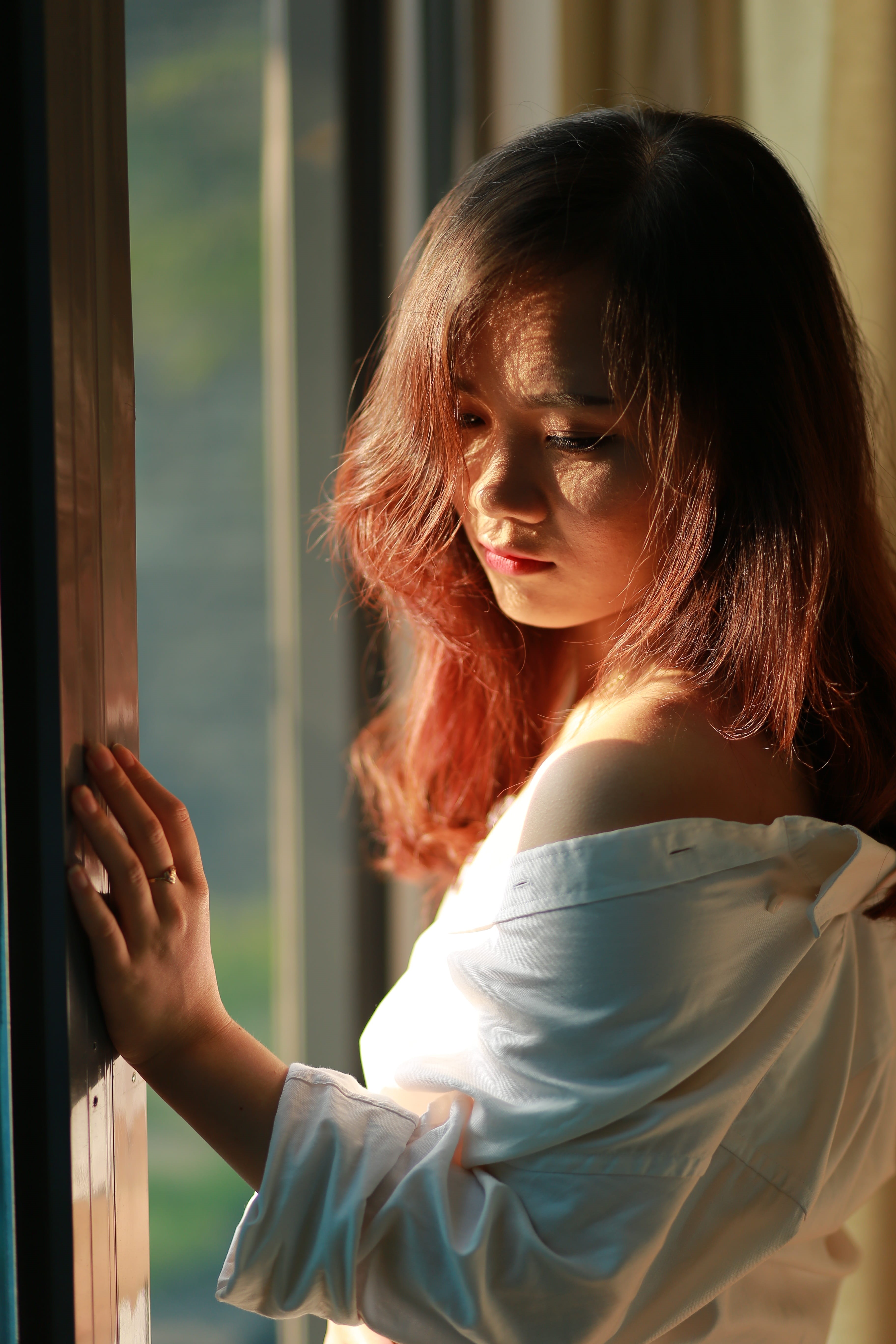young, shirt, white, young adult, japanese, 5K, pretty, asian, day, beautiful woman, real people, focus on foreground, contemplation, lady, cute, one person, Phone HD Wallpaper