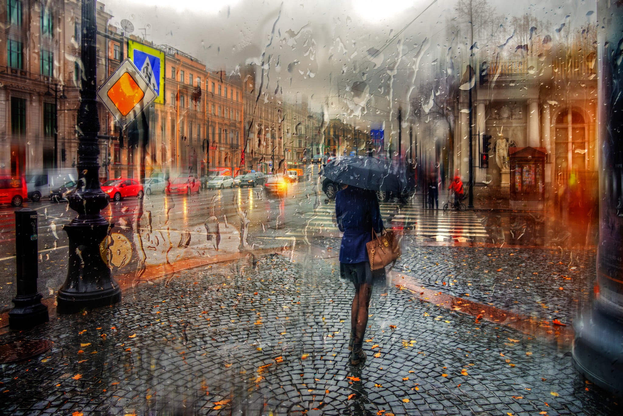 real people, famous Place, street, pedestrian, traffic, building Exterior, painting, travel, cityscape, autumn, one person, urban Scene, wet, holding, transportation, HD Wallpaper
