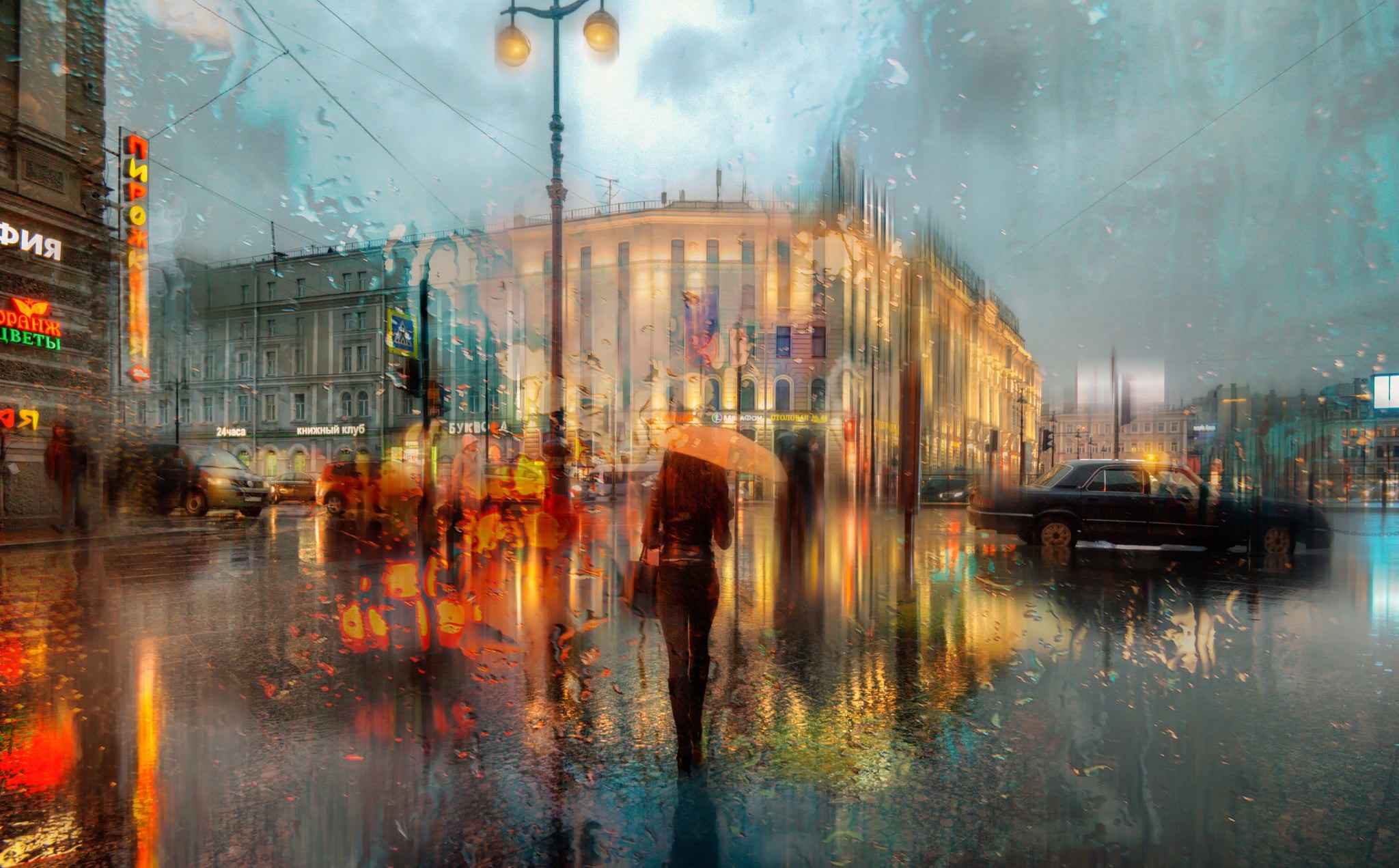 water, mode of transportation, travel, blurred Motion, raining, car, built Structure, woman, umbrella, red, reflection, wet, oil Painting, motion, 1080P, HD Wallpaper