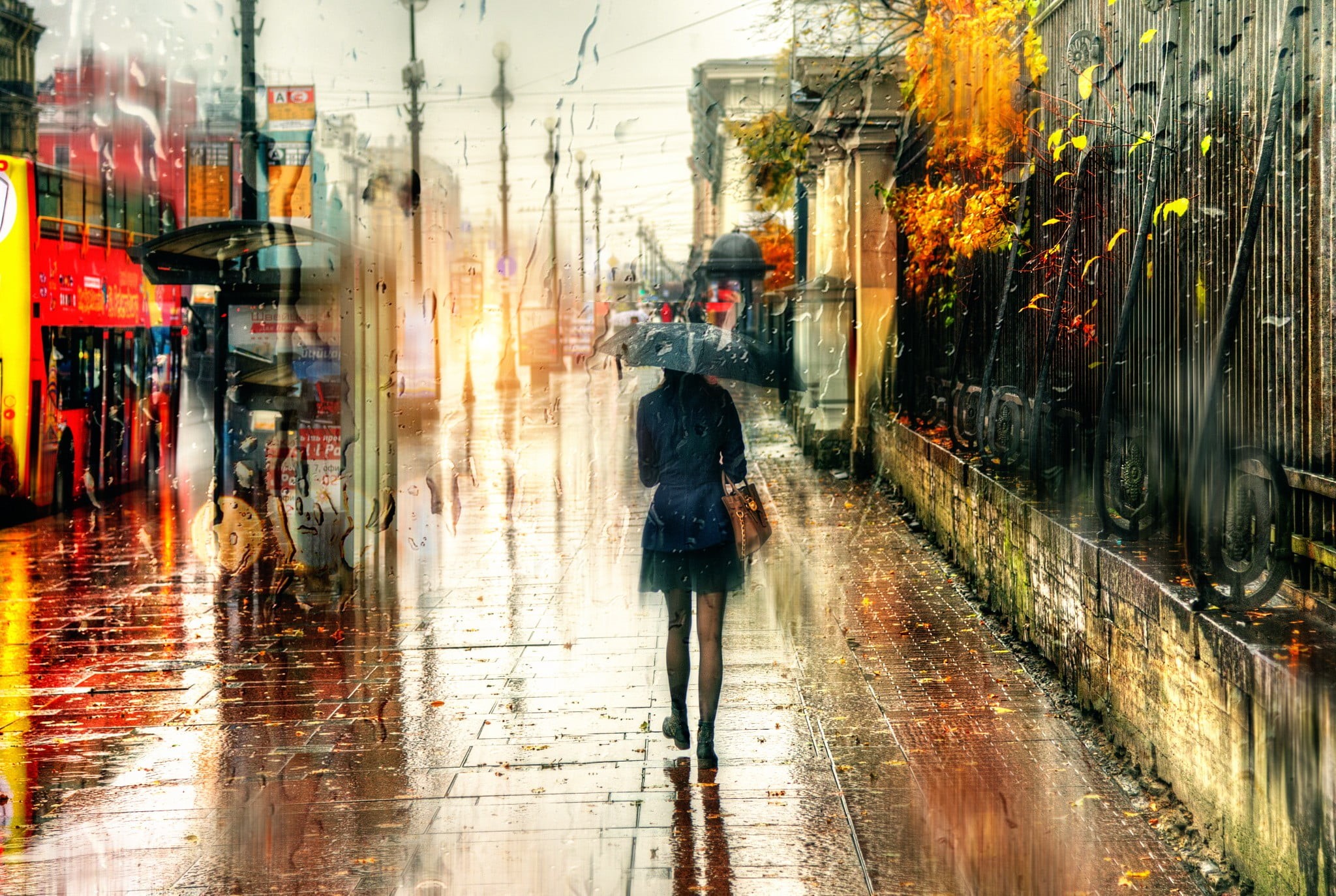 mode of transportation, building exterior, city life, outdoors, St. Petersburg, road, water, street, city, one person, walking, beside, monsoon, 1080P, HD Wallpaper