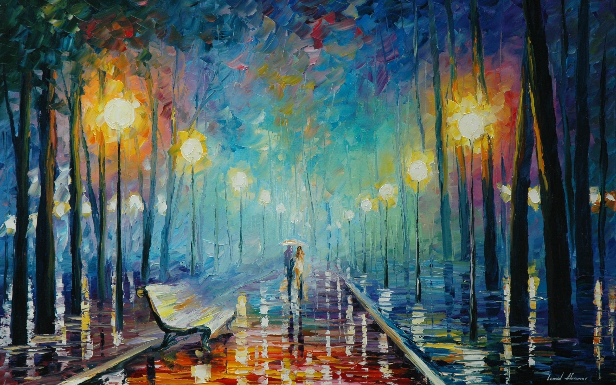 painting, pattern, travel, yellow, lovers, multi colored, illuminated, no people, waterfront, trees, electric lamp, walking, architecture, in a row, reflection, HD Wallpaper