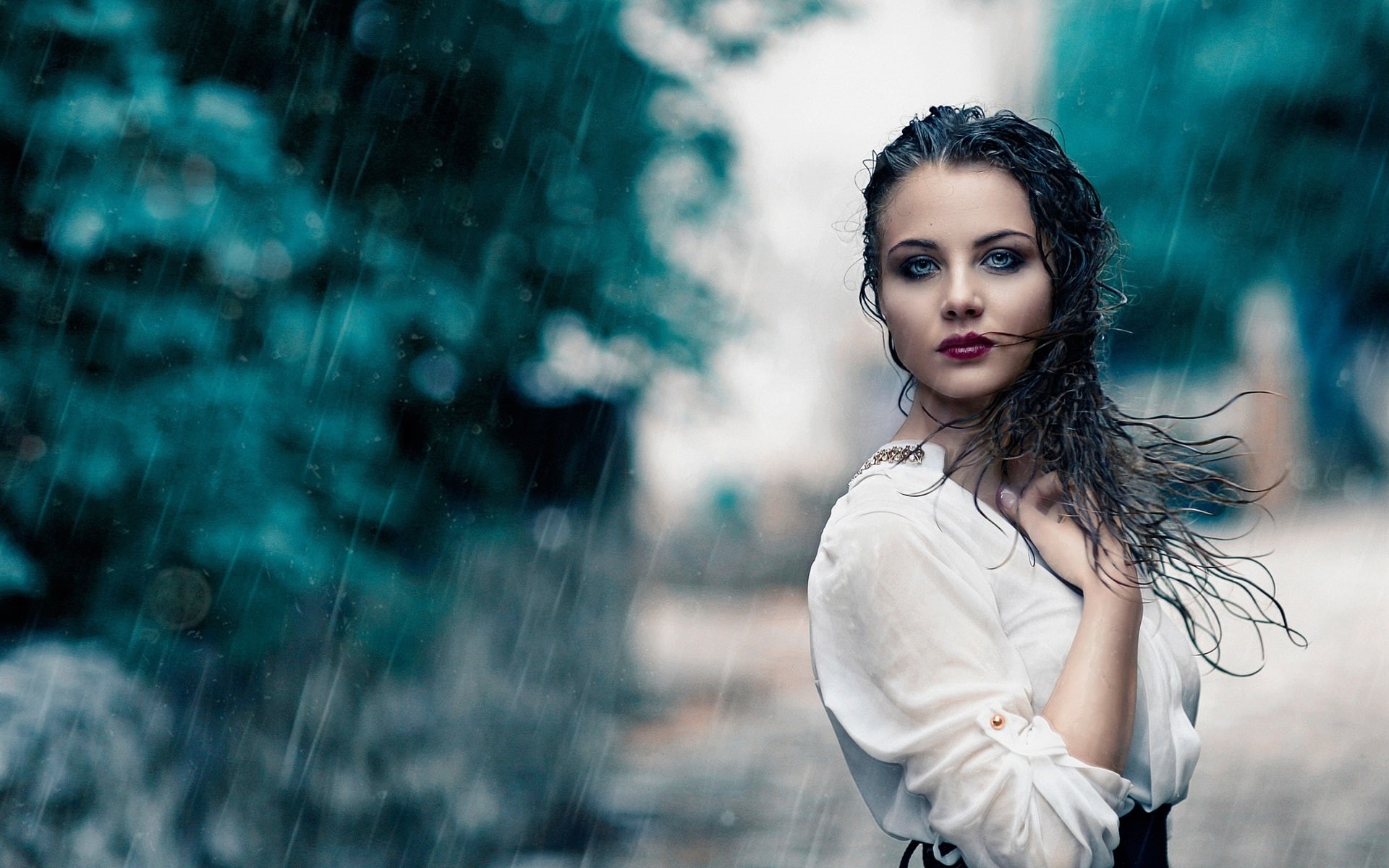 Dress, Wet, 1080P, Girl, White, Rain, HD Wallpaper