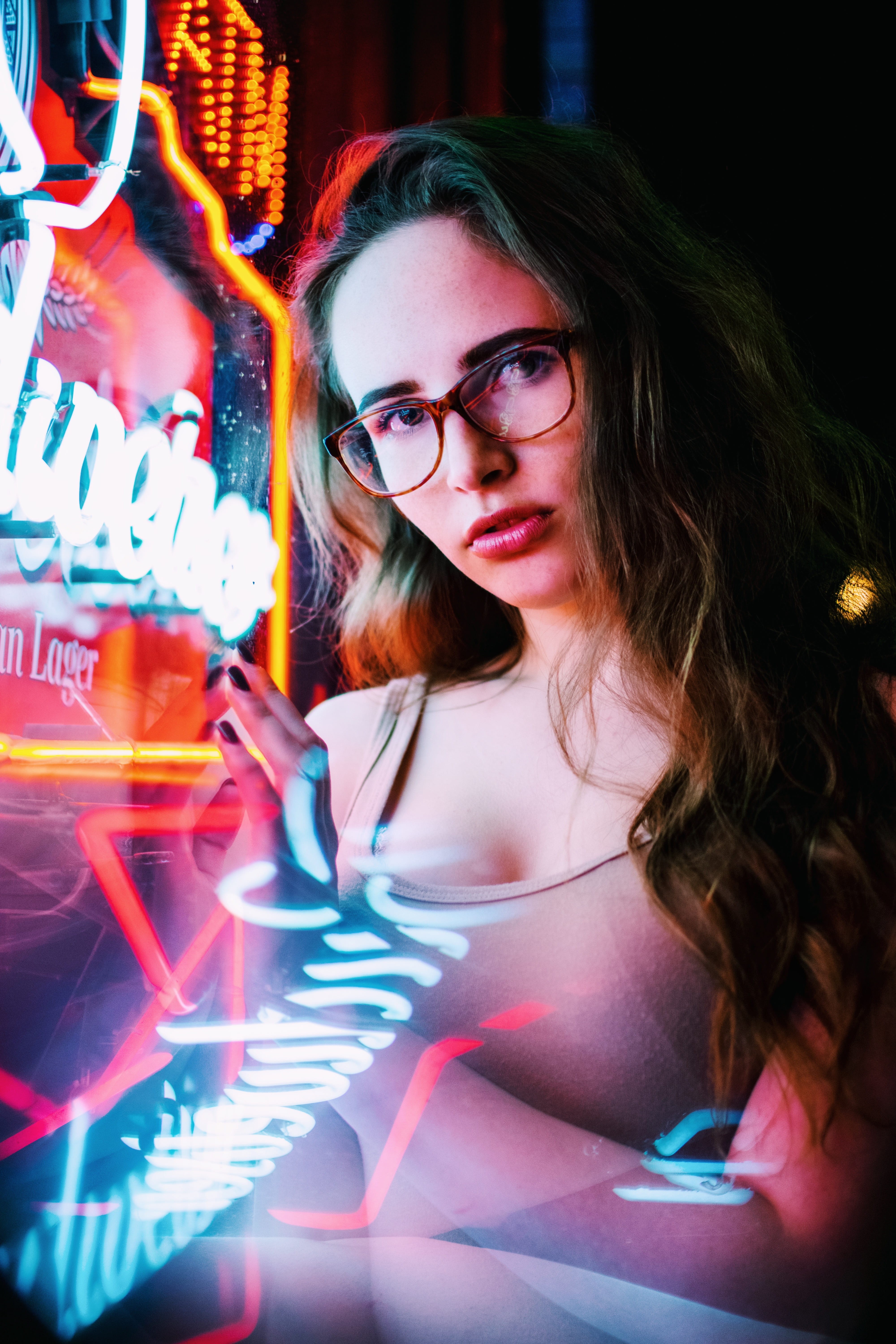 glass, girl, hairstyle, neon, young women, near, 5K, light - natural phenomenon, long hair, light, portrait, casual clothing, females, nightphotography, Phone HD Wallpaper