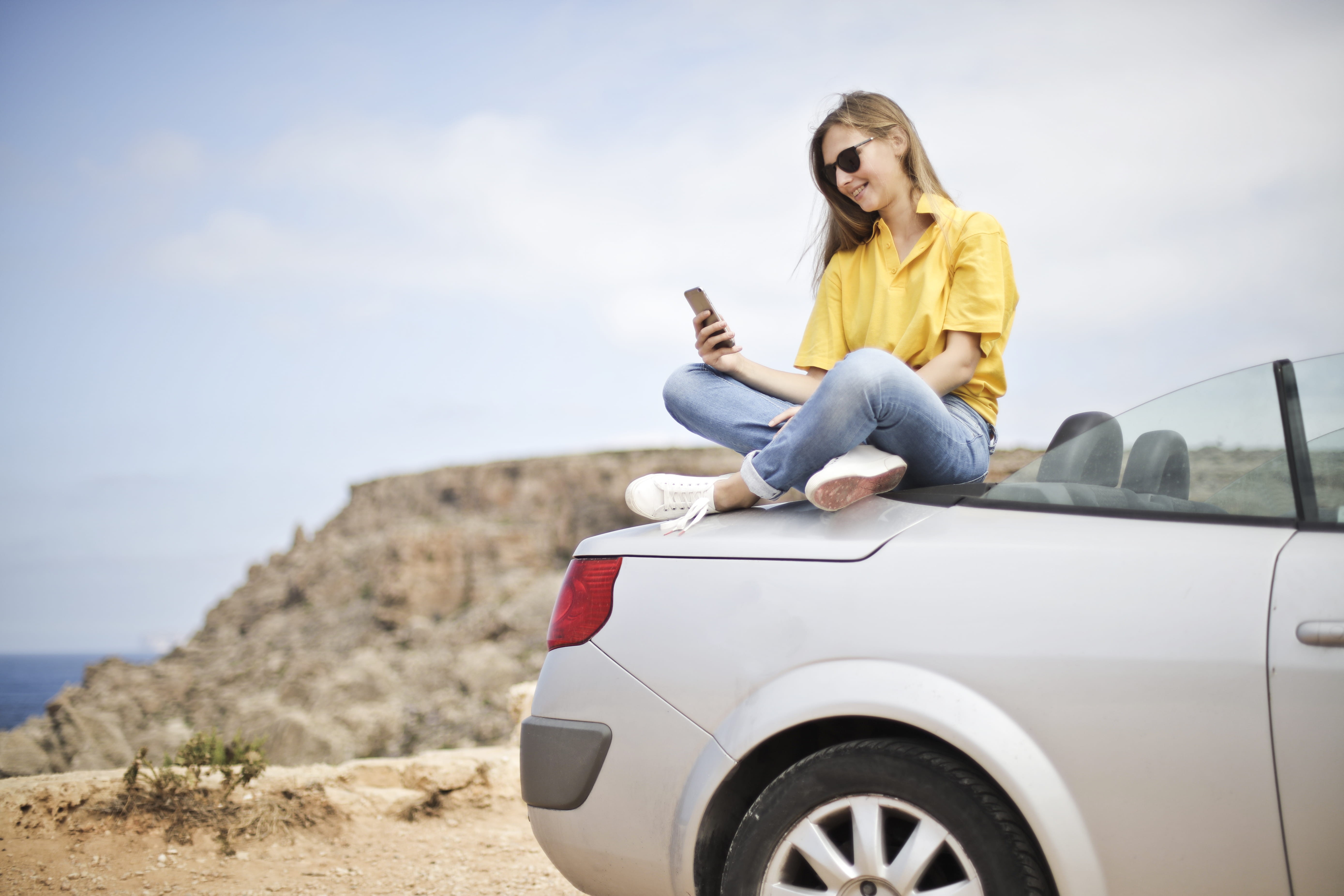 one person, luxury car, blue, leisure activity, taking, holding, women, tourism, blouse, jeans, daylight, day, woman, selfie, beach, travel, girl, mobile, HD Wallpaper