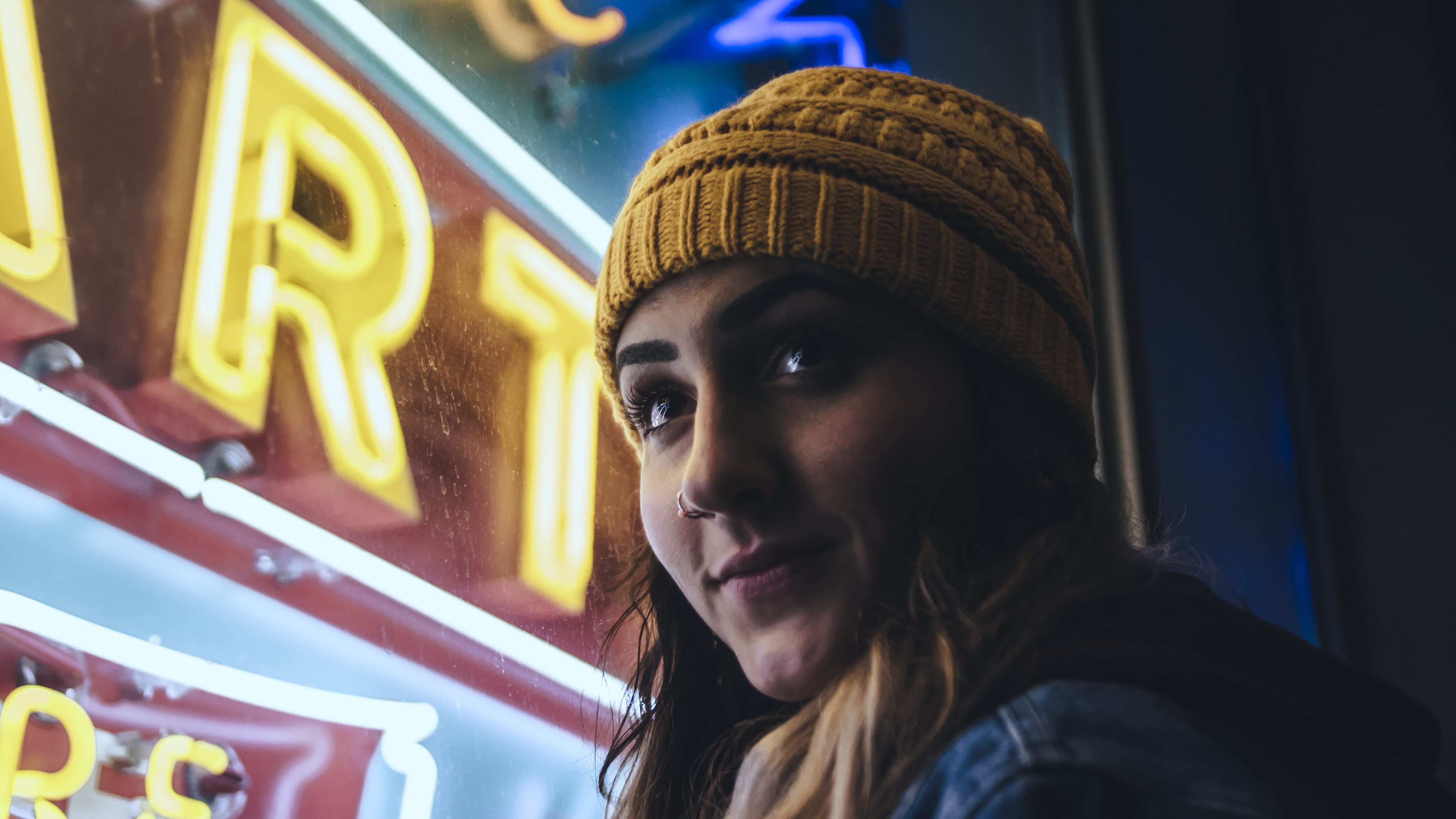 neon, girl, adult, women, eye, hat, beautiful woman, looking past, window, person, nosering, clothing, hairstyle, one person, near, young women, portrait, HD Wallpaper