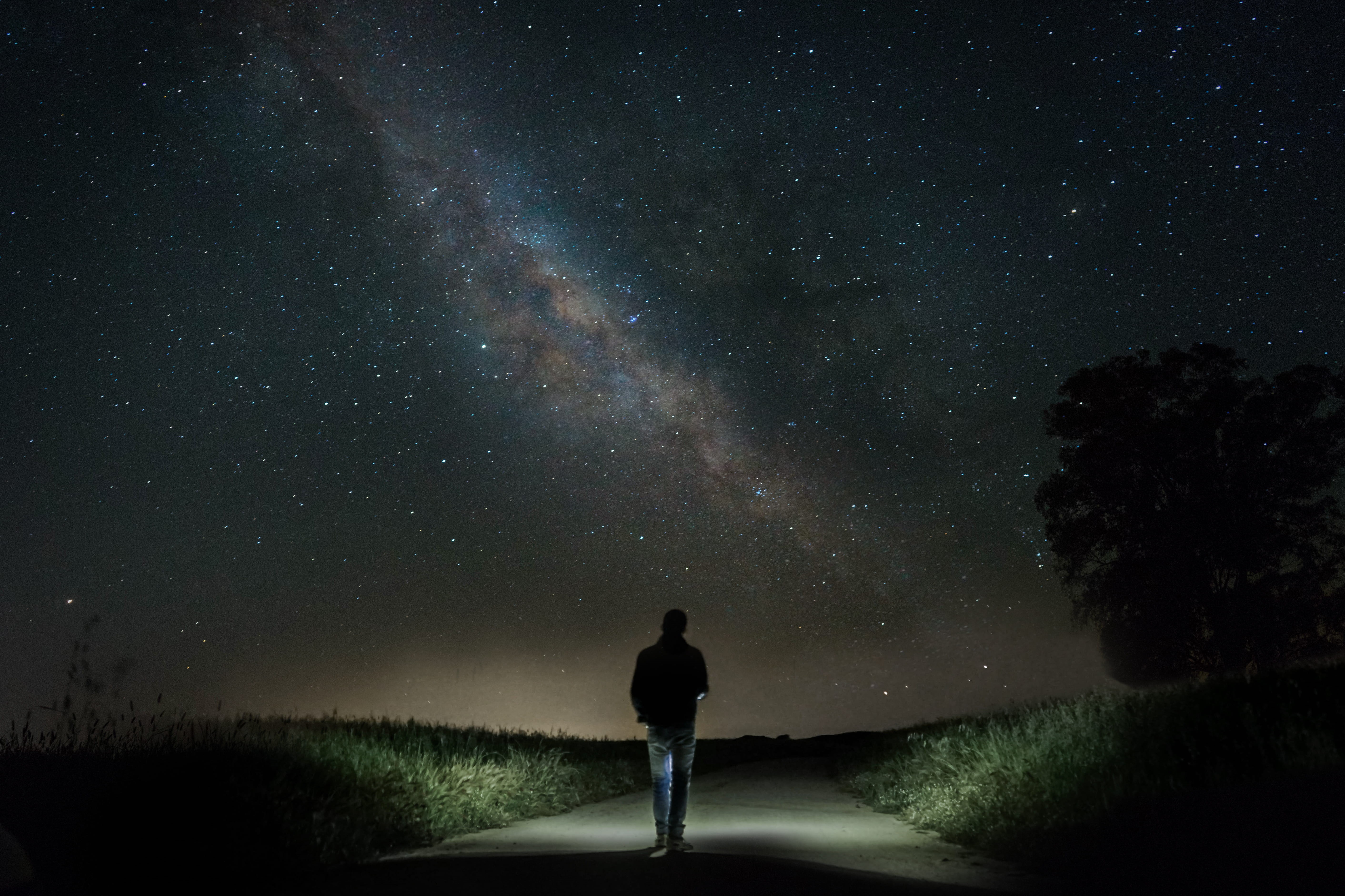 concrete, man, galaxy, nature, sky, from behind, españa, 5K, path, night, walking, nighttime, tranquil scene, looking at view, the way forward, full length, HD Wallpaper