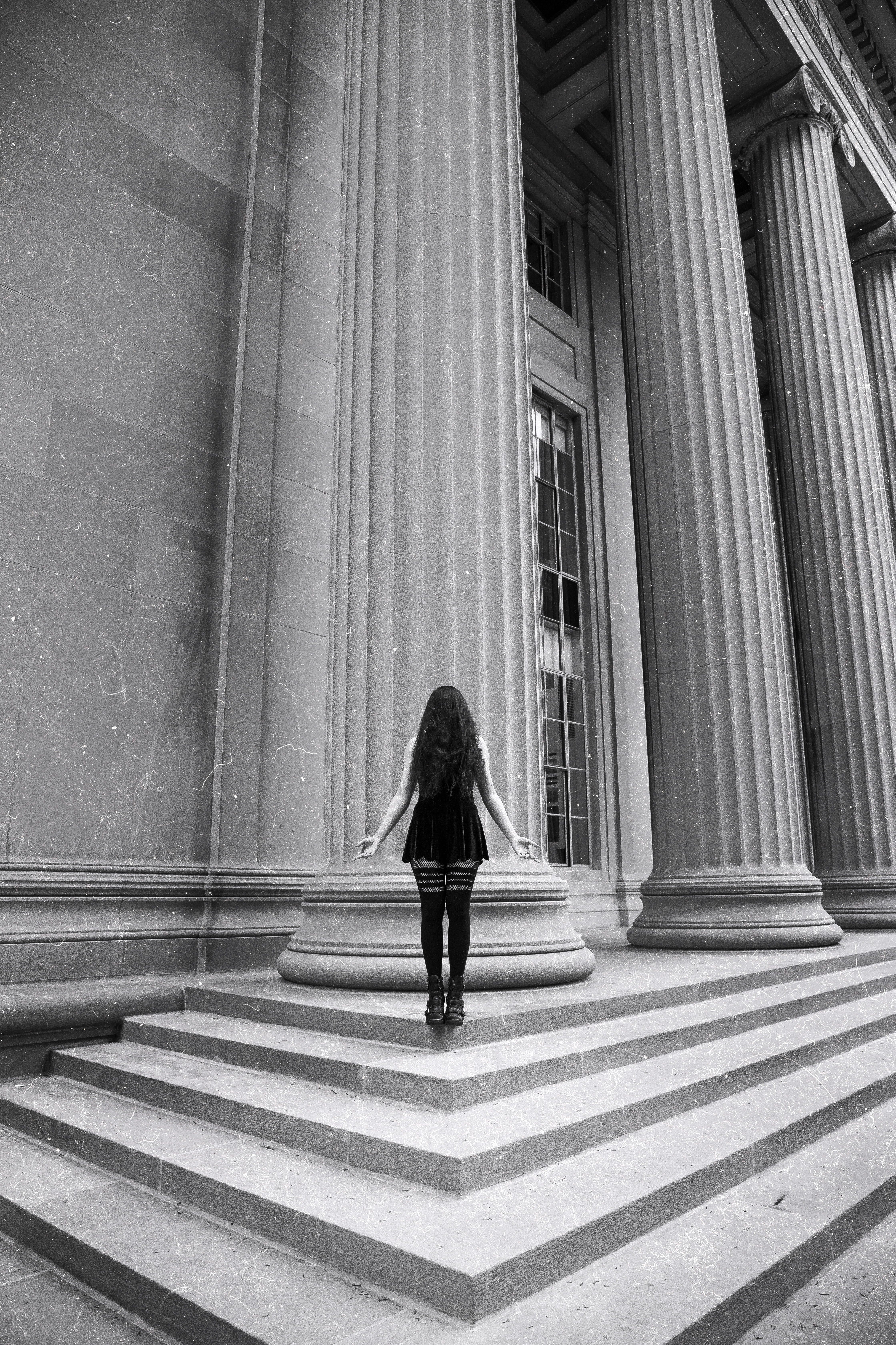 monochrome, hairstyle, casual clothing, building, lady, warm clothing, steps, front, city, stockings, architecture, eery, anonymous, urban, adult, outdoors, Phone HD Wallpaper