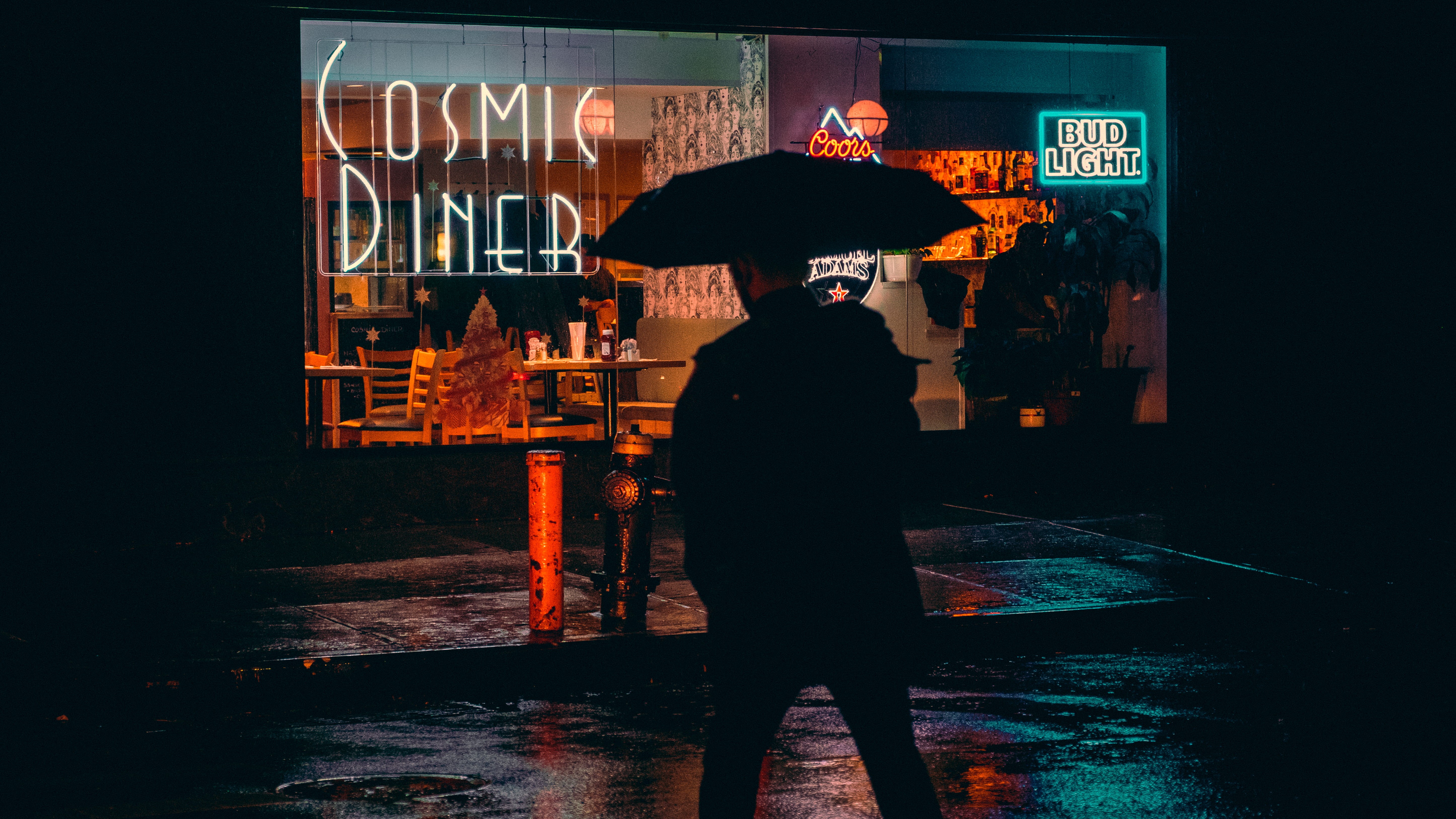 water, city, silhouette, people, pedestrian, canopy, illuminated, architecture, man, light, shop, human, stage, night, 5K, person, rain, western script, HD Wallpaper