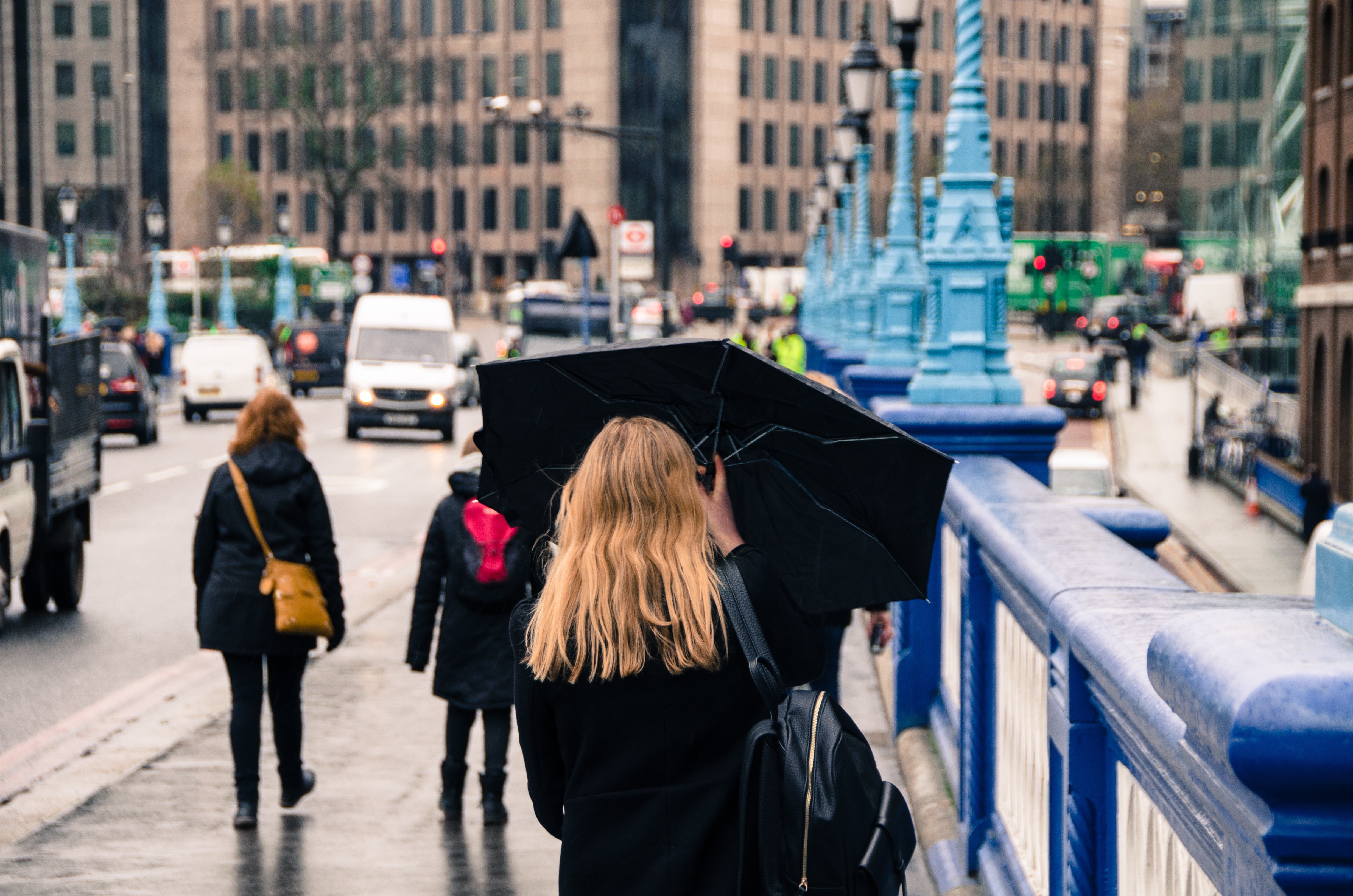 city Life, wet, female, england, protection, real people, rain, women, walking, 4K, hair, transportation, outdoors, urban Scene, umbrella, rear view, building exterior, HD Wallpaper