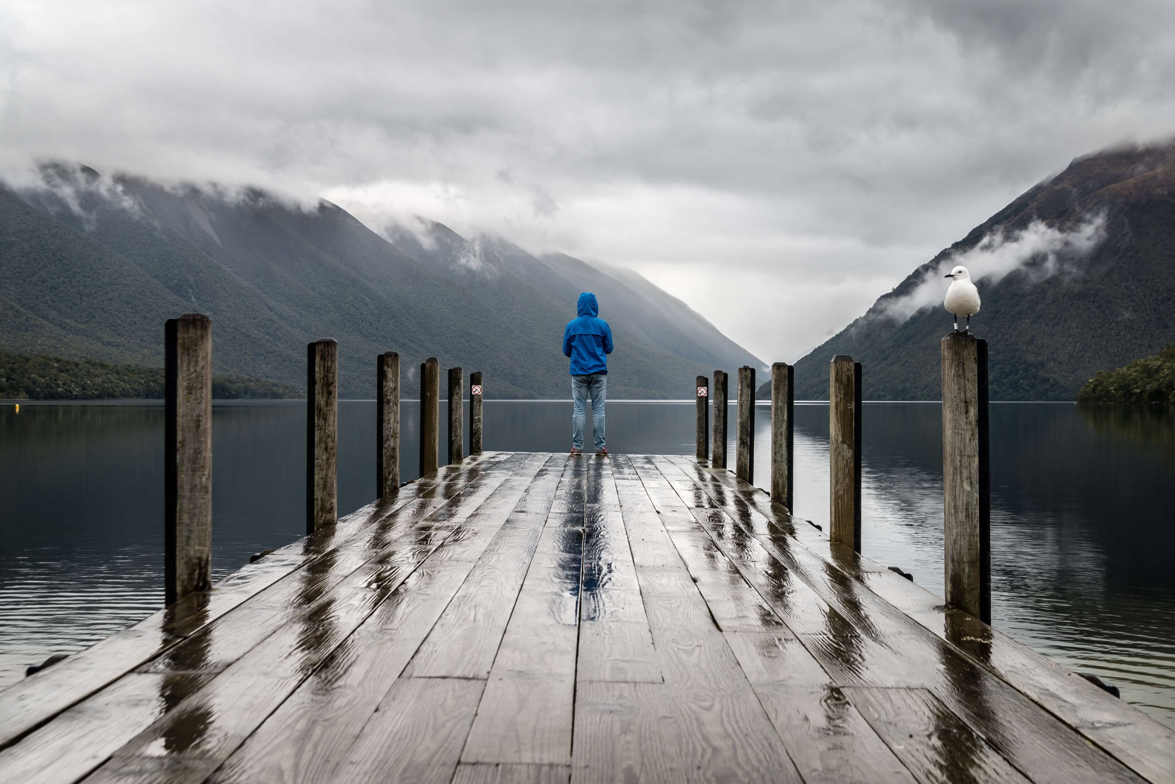 nature photography, alone, landscape, post, cloudy, idyllic, railing, tranquility, scenics - nature, mountain range, rear view, mountain, pier, mountains, HD Wallpaper