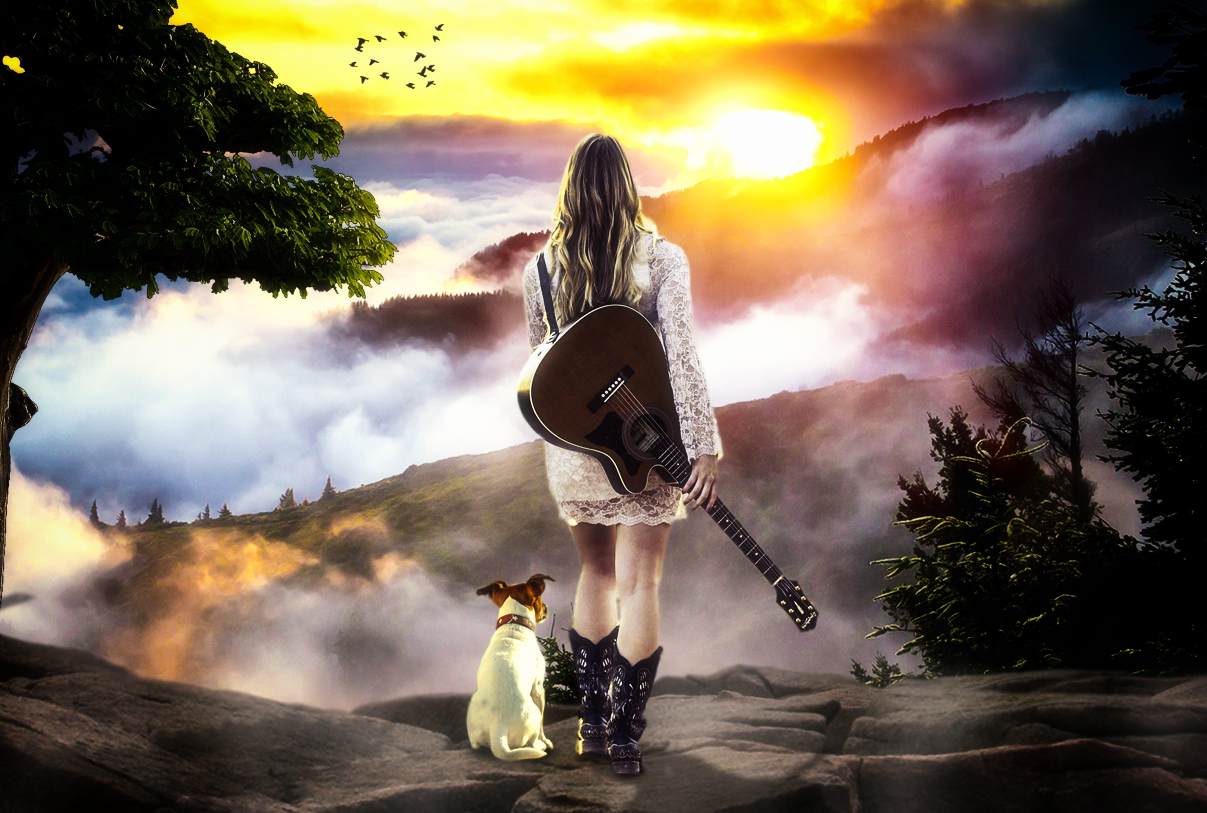beside, casual clothing, guitar, bright, mountain, summer, looking, adult, nobody, people, mini dress, floral, color, thought, lace, sunny, outdoor, walking, HD Wallpaper
