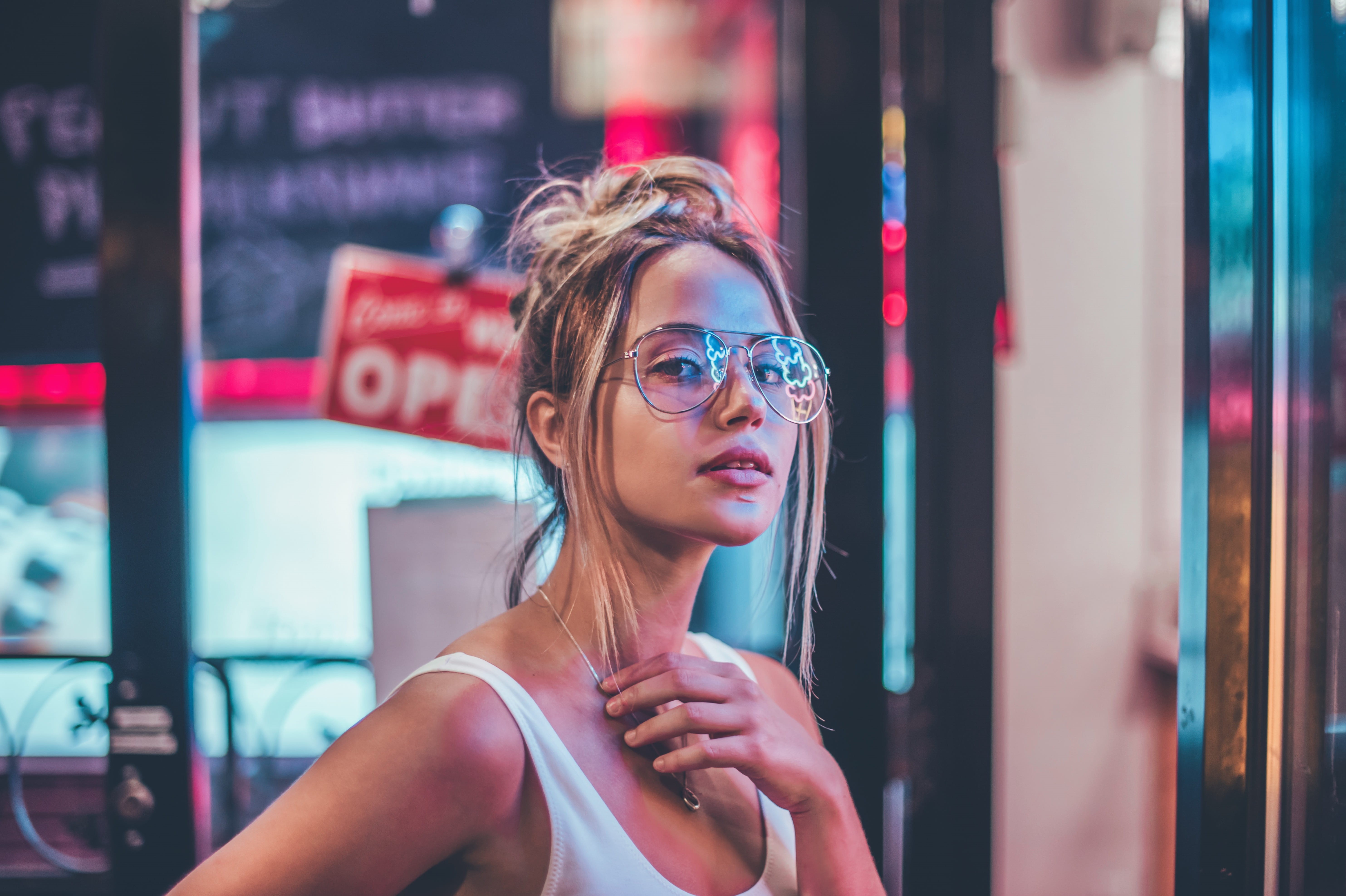 outdoors, eyeglasses, women, lifestyles, bun, glasses, looking, portrait, beauty, reflection, glass, fashion, woman, hairstyle, young women, neon, 5K, HD Wallpaper