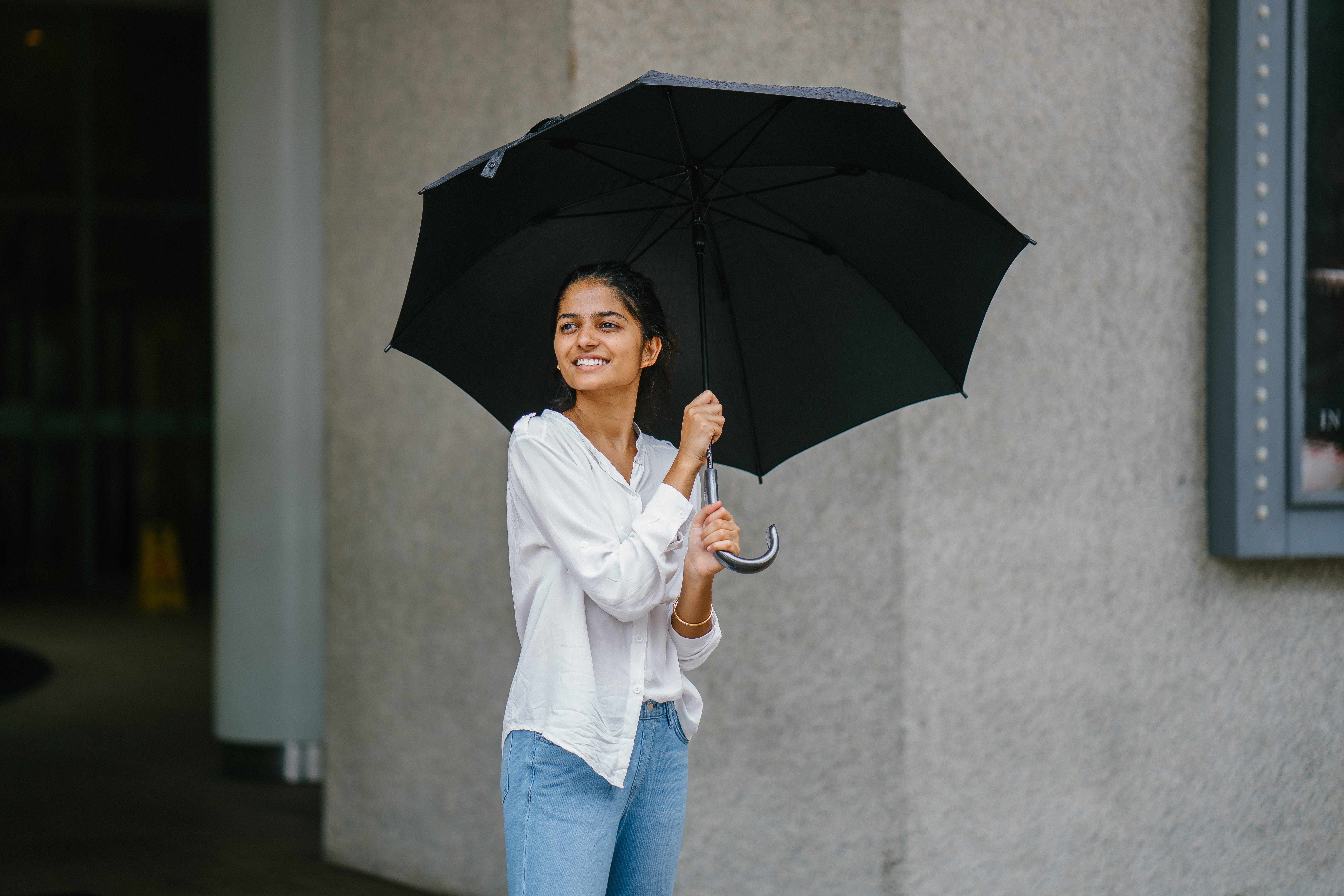 denim, jeans, one person, casual clothing, adult, wearing, daylight, woman, young, smile, long, happiness, rain, white, women, wet, outdoors, architecture, HD Wallpaper