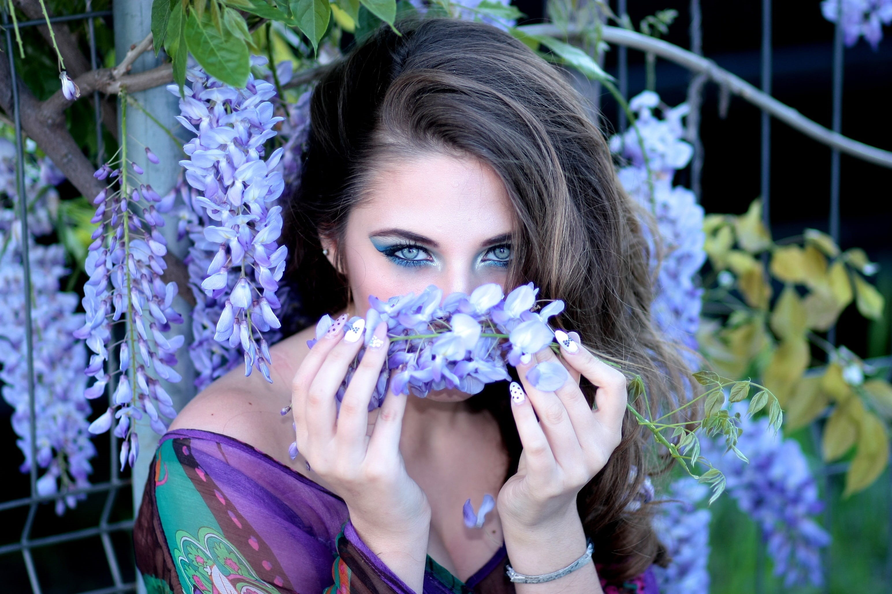 one woman only, Blue, caucasian Ethnicity, beautiful, females, beauty In Nature, cute, nature, one Person, women, one young woman only, plant, purple, Beauty, HD Wallpaper
