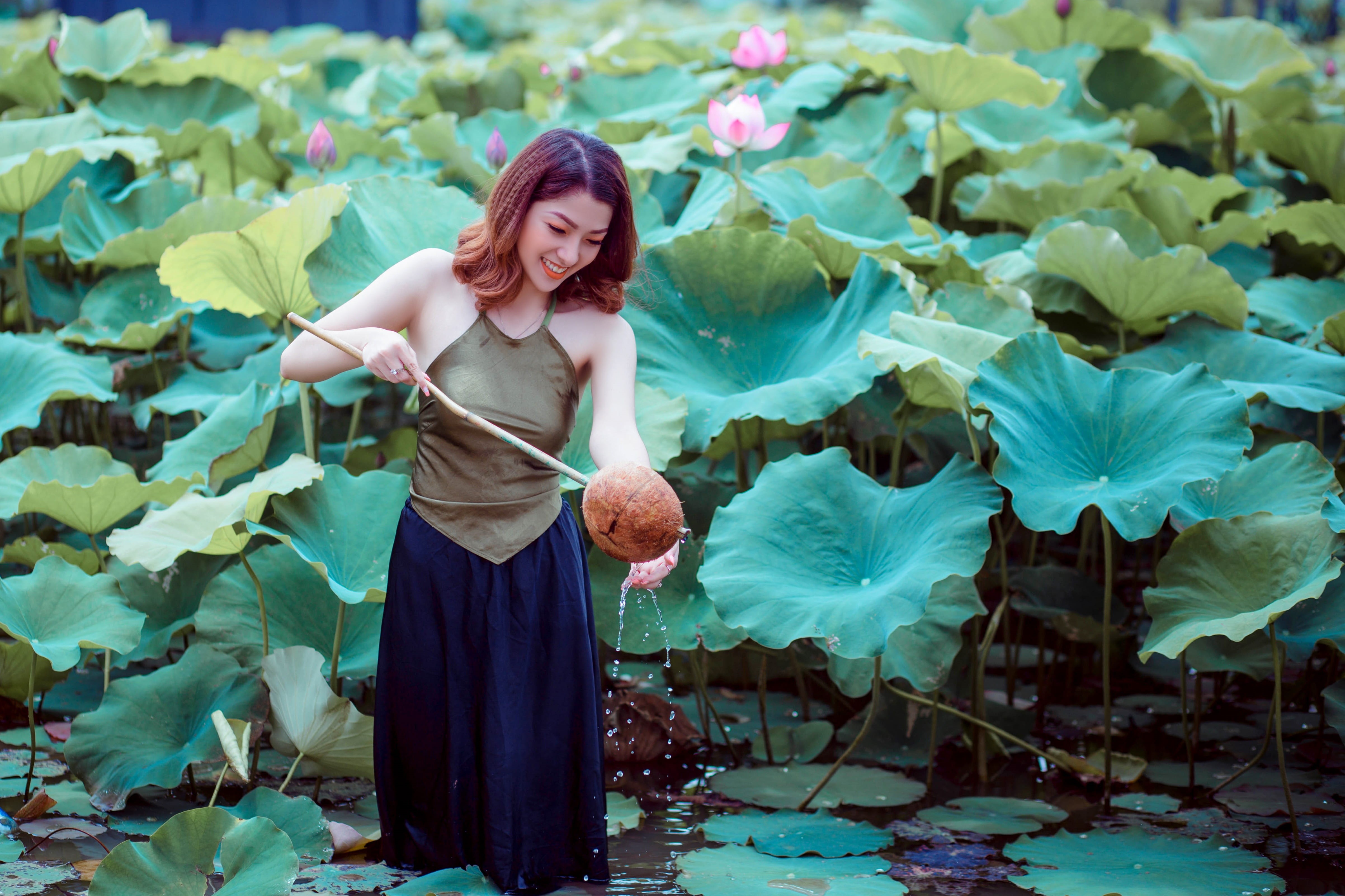 young adult, leaf, model, fun, portrait, beauty, dress, water, standing, young, style, body, beautiful, plant, outside, flower, relaxation, summer, hairstyle, HD Wallpaper