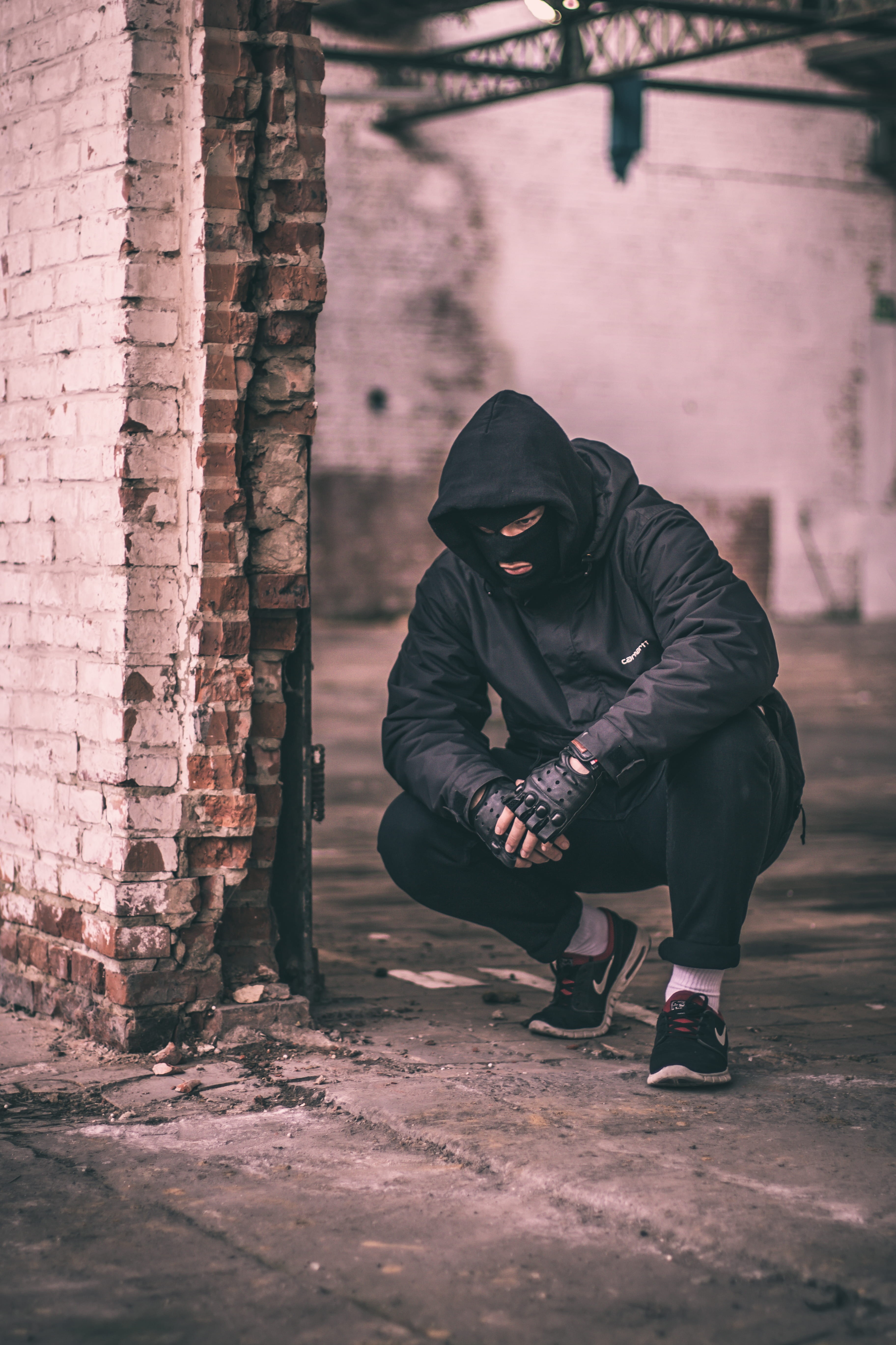 brick, adult, dark, abandoned, near, black, model, leisure activity, 5K, gloves, markii, full length, beside, man, young adult, anger, hood - clothing, Phone HD Wallpaper