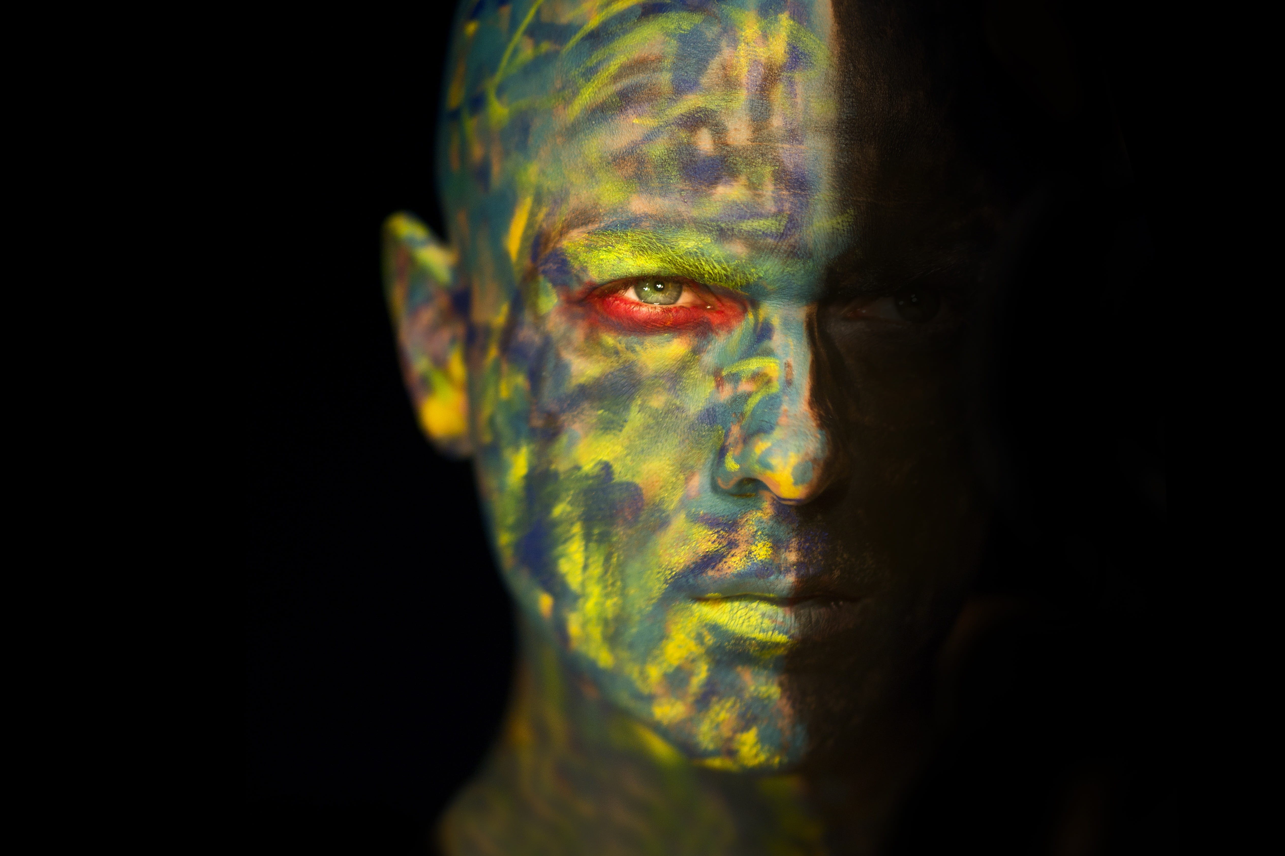 real people, overview, make-up, male, human face, black and white, art, portrait, man, contact, green, idea, close-up, headshot, multi colored, eyes, studio, HD Wallpaper