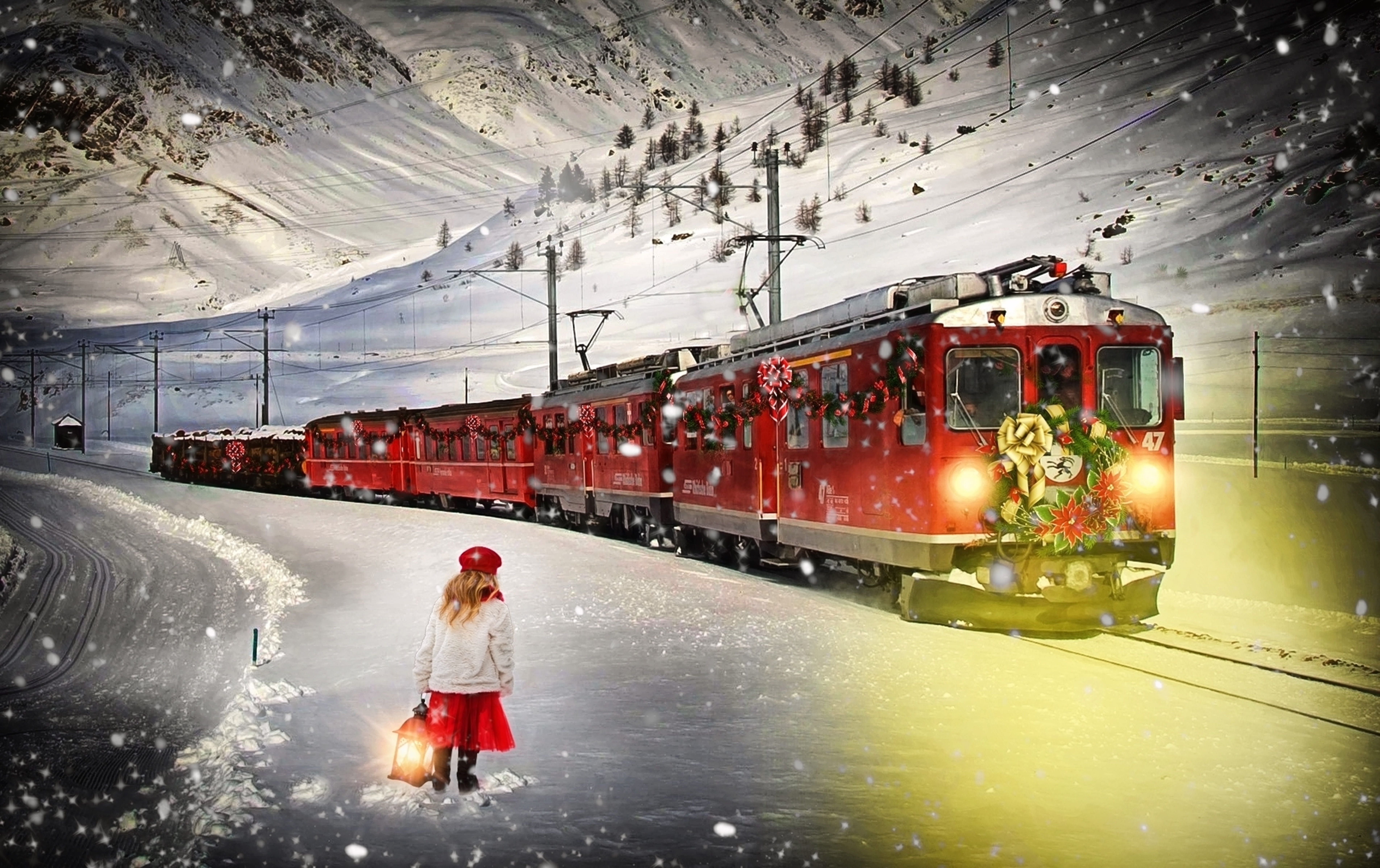 adult, gray, mode of transportation, snow, little girl, rear view, one person, photo, young adult, polar express, christmas backdrop, outdoors, one woman only, HD Wallpaper